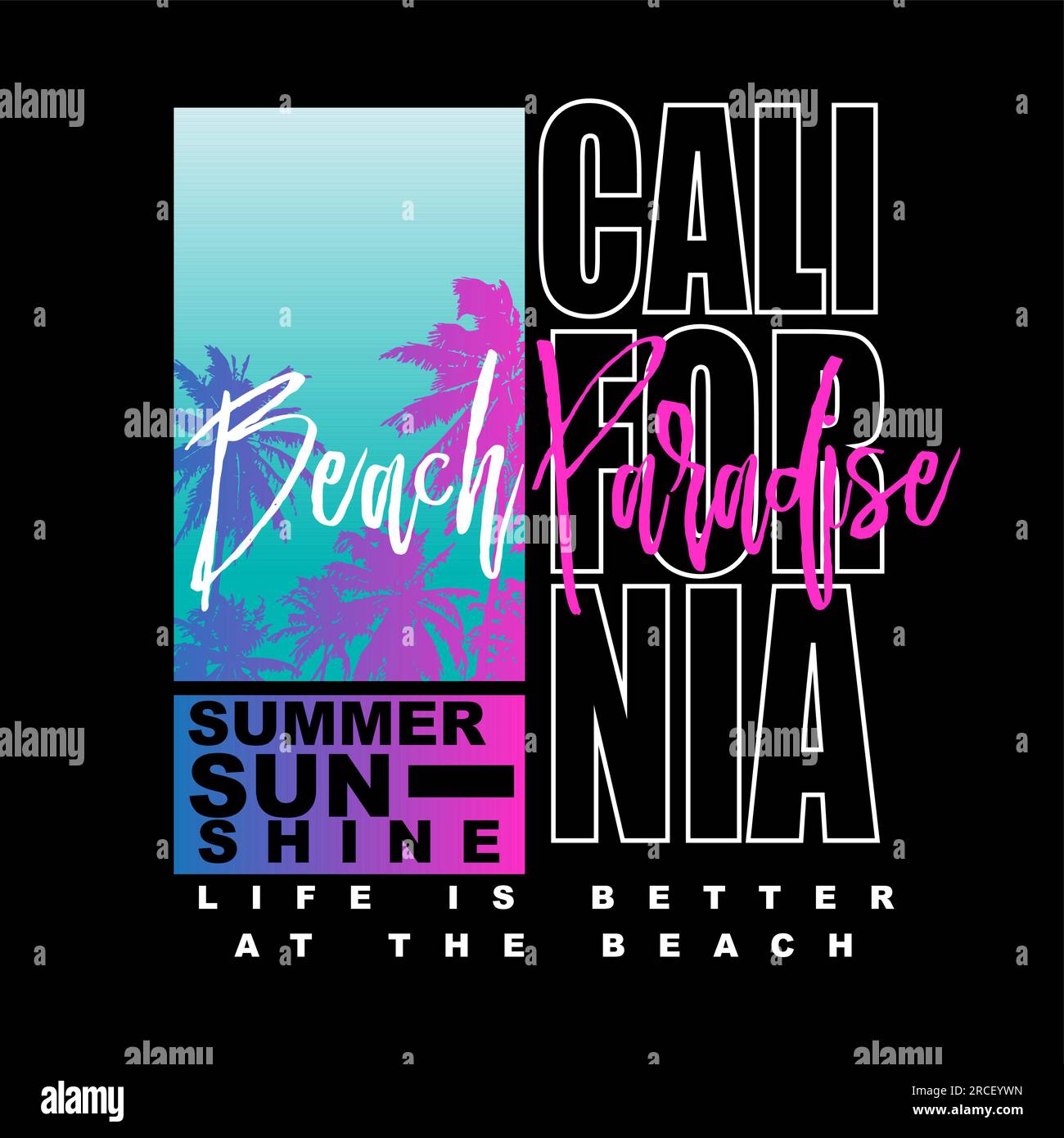 Summer Graphic California Beach Paradise Summer Sunshine typographie dégradé palmier noir T-shirt graphique Print Design Illustration de Vecteur