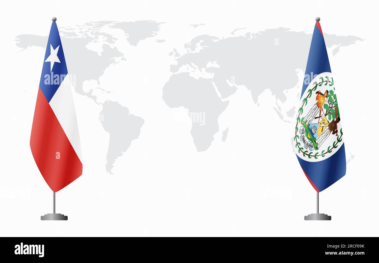 Drapeaux du Chili et du Belize pour la réunion officielle sur fond de carte du monde. Illustration de Vecteur
