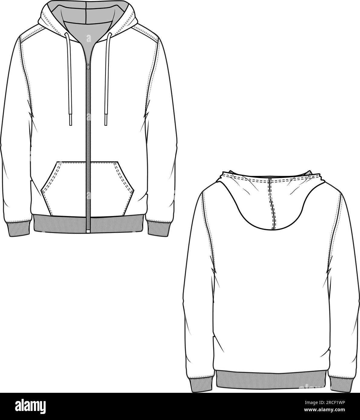 Vecteur de conception de modèle de dessin technique Zipper Hoodie Sweatshirt Flat Sketches pour homme Illustration de Vecteur