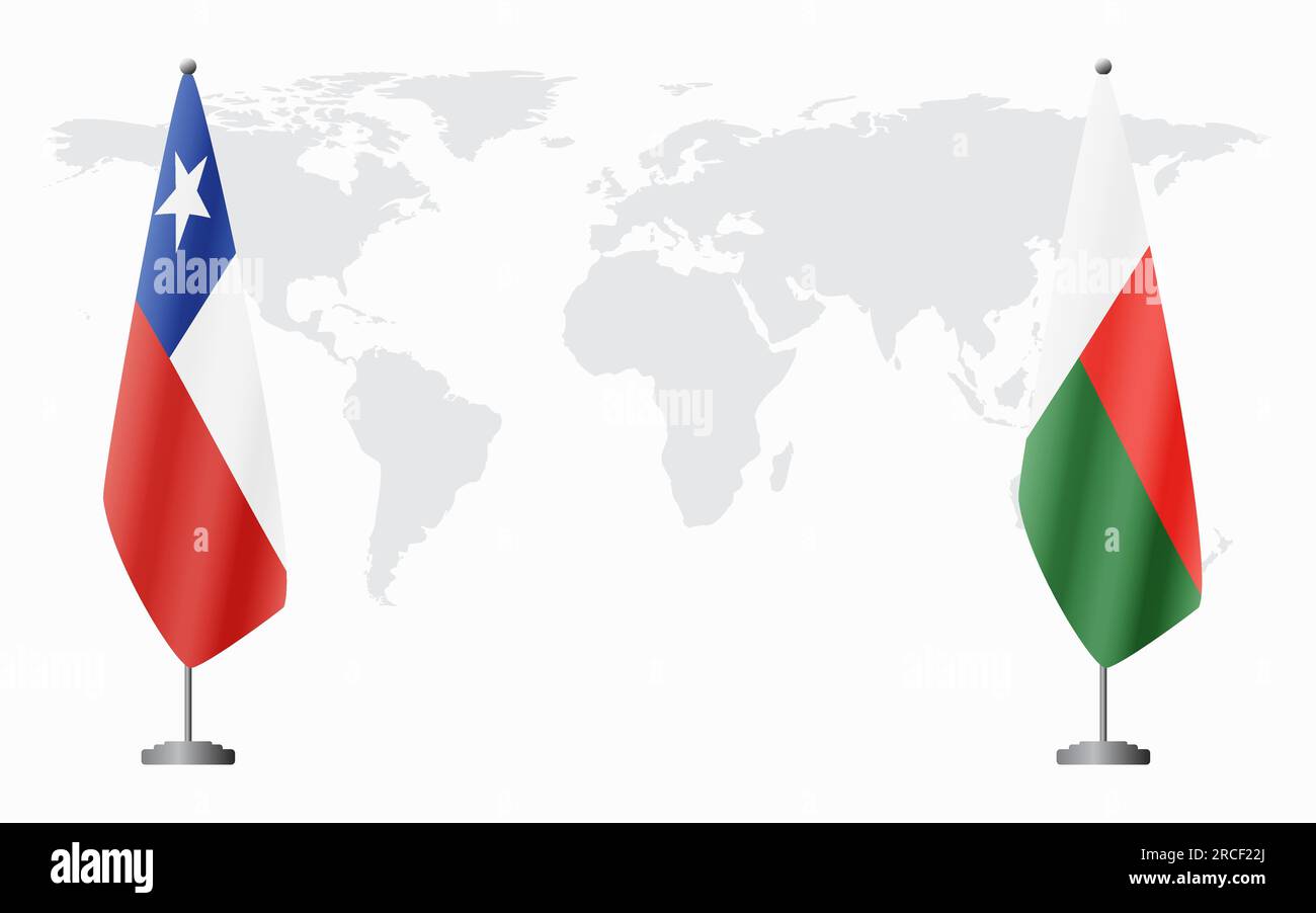 Drapeaux du Chili et de Madagascar pour la réunion officielle sur fond de carte du monde. Illustration de Vecteur