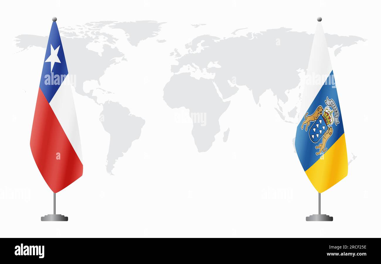 Drapeaux du Chili et des îles Canaries pour réunion officielle sur fond de carte du monde. Illustration de Vecteur