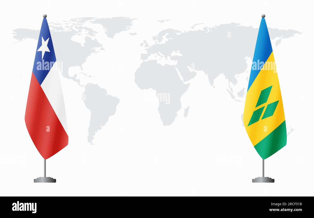 Le Chili et Saint-Vincent-et-les Grenadines drapeaux pour la réunion officielle sur fond de carte du monde. Illustration de Vecteur