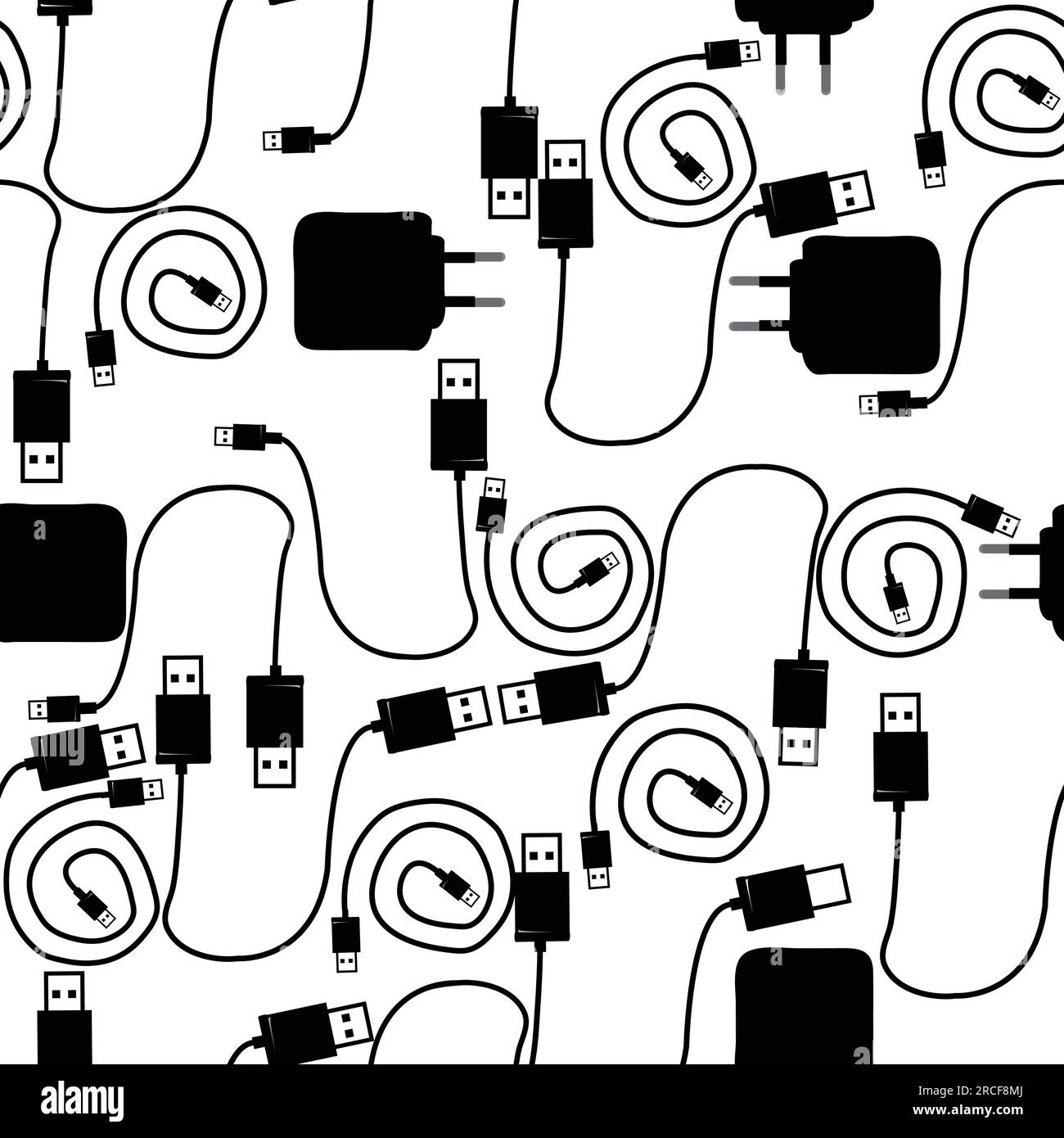 Modèle sans couture avec USB type A et type B, câble et chargeur de téléphone portable ; illustration vectorielle Illustration de Vecteur