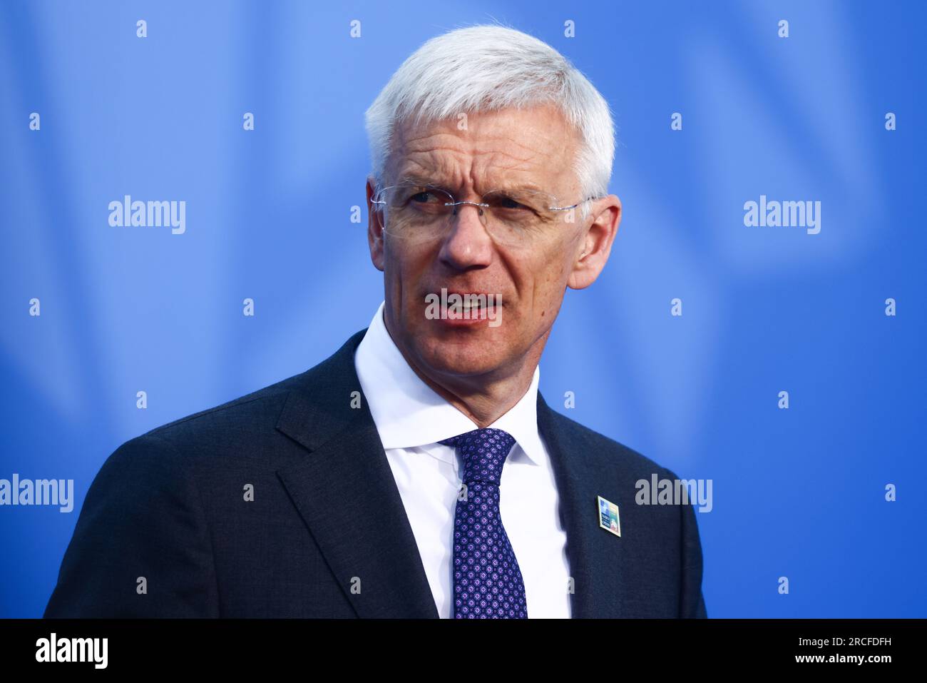 Arturs Karins, Premier ministre de Lettonie, participe au sommet de l'OTAN au Centre lituanien d'exposition et de congrès LITEXPO à Vilnius, en Lituanie, le 12 juillet 2023. Banque D'Images