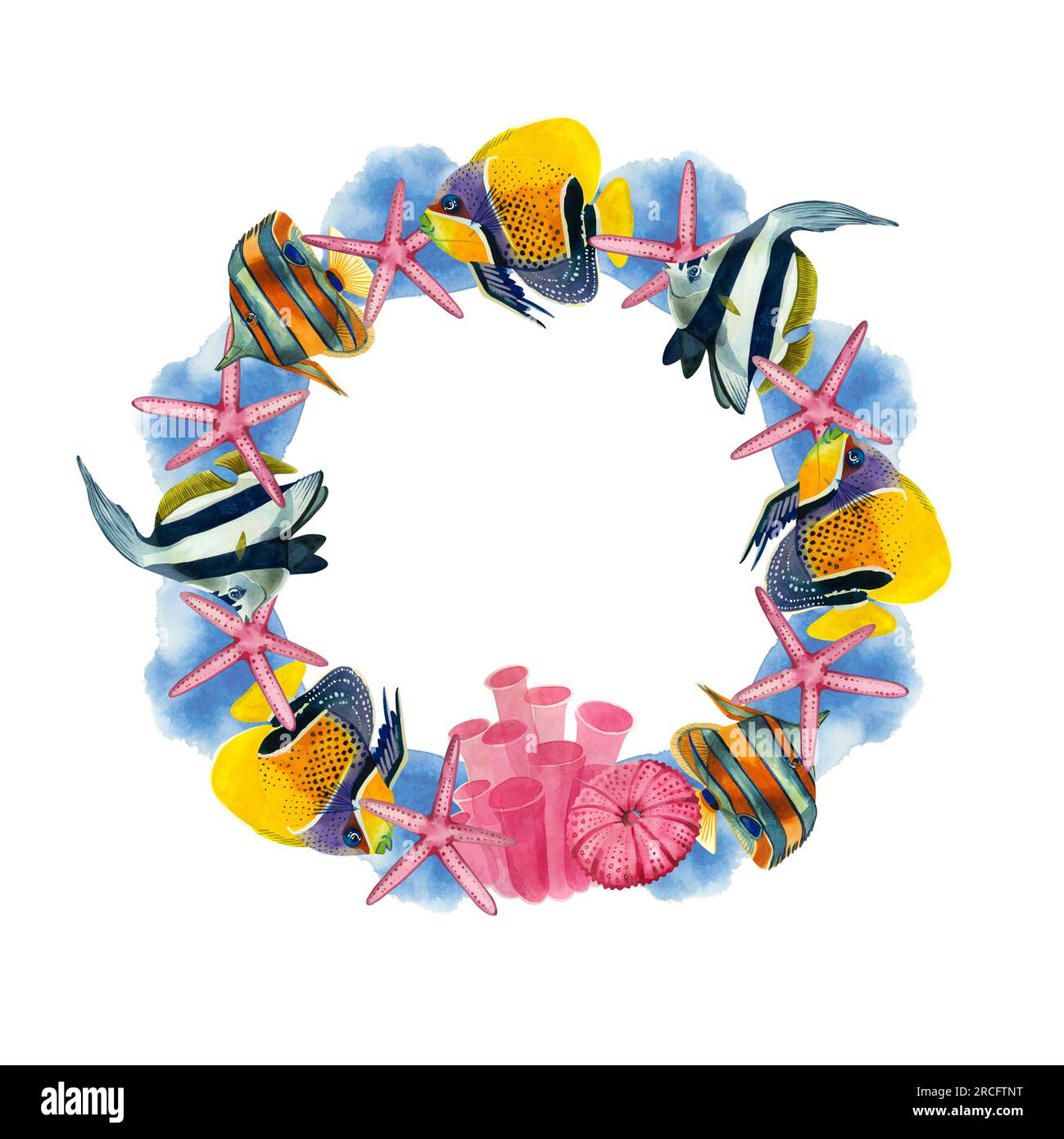 Cadre rond de poissons tropicaux et étoiles, corail et oursin rose sur fond blanc. Tous les éléments sont dessinés à la main à l'aquarelle Banque D'Images