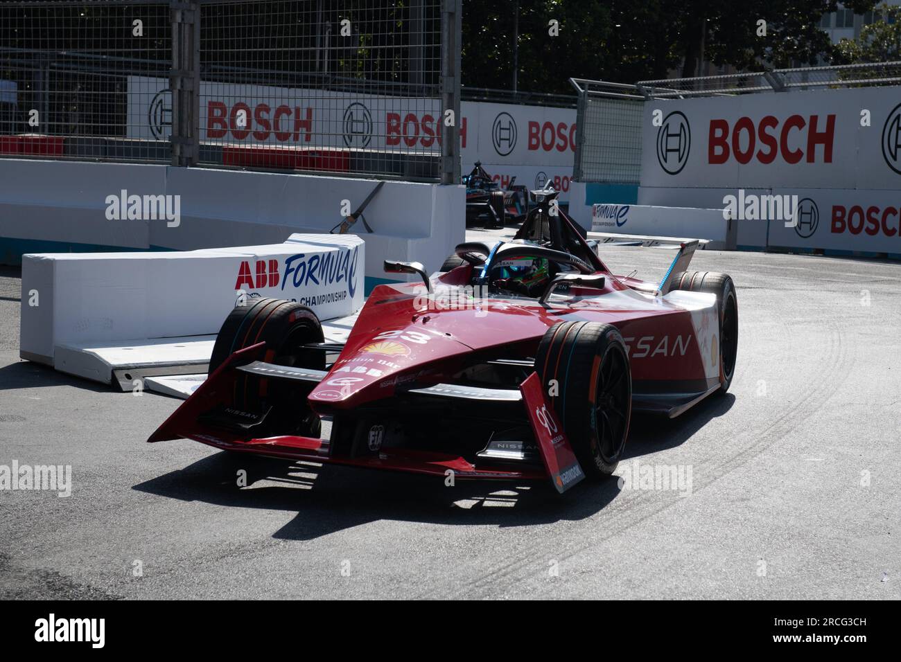 Rome, Italie 14 2023 juillet – E-Prix de Formule E Hankook Rome, essais libres. Sacha Fenestraz (23) (FRA) Nissan Formula E Team en action sur circuit. Crédit photo : Fabio Pagani/Alamy Live News Banque D'Images