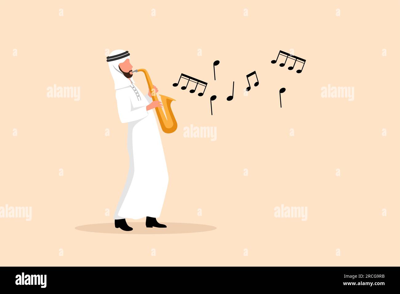 Personnage saxophoniste arabe à dessin plat d'affaires. Musicien de jazz ou de blues, homme jouant du saxophone. Interprète masculin dans la musique jazz de festival, groupe de jazz p Banque D'Images