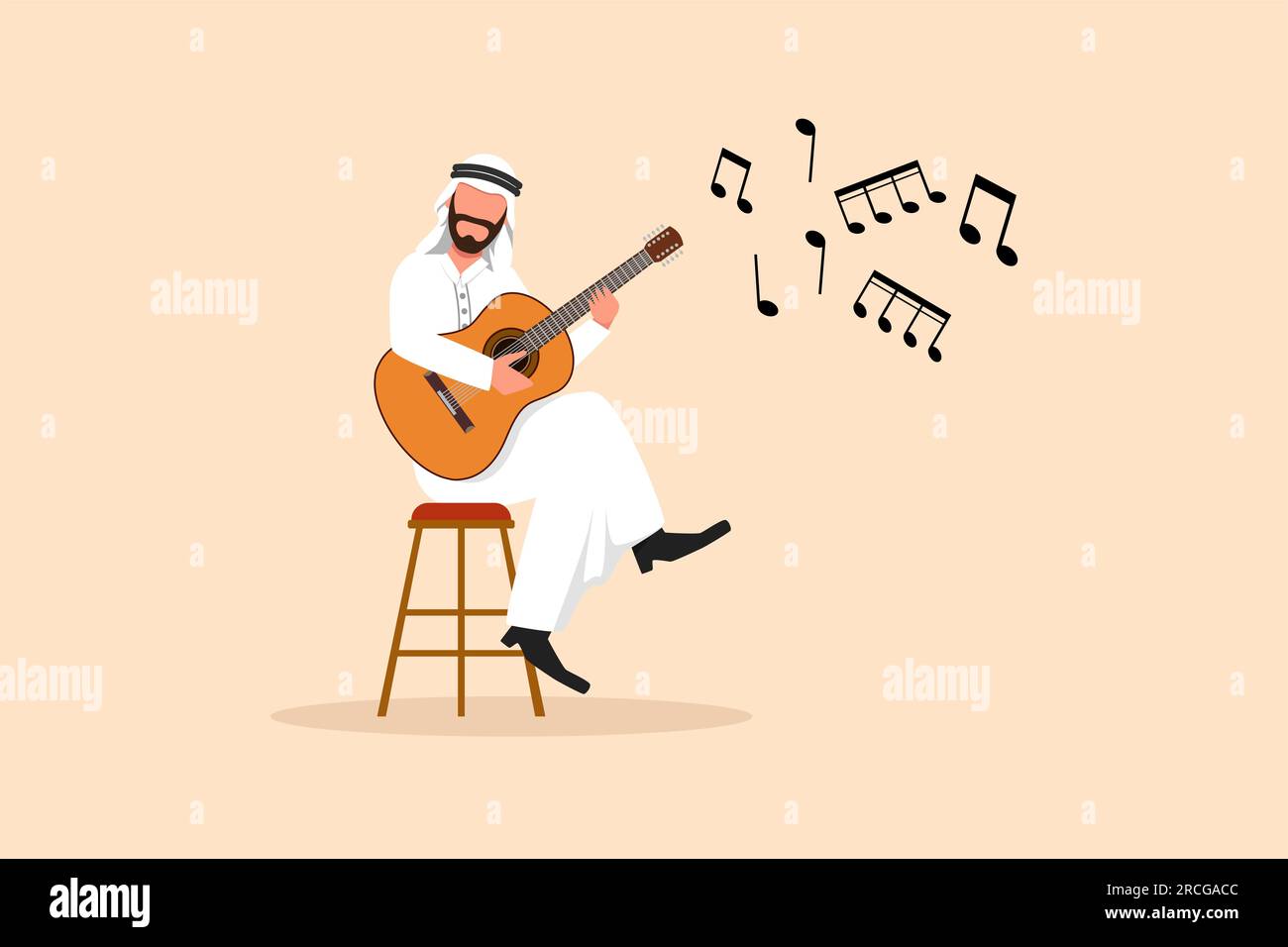Dessin plat d'affaires jeune homme arabe personnage assis et jouant de la guitare acoustique. Homme arabe jouant des cordes lors d'une performance musicale. Professionnel Banque D'Images