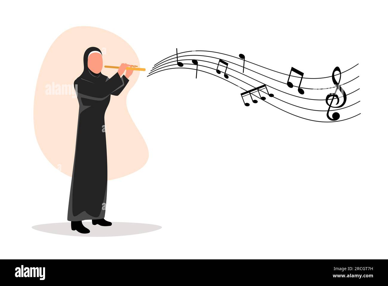 Business plat dessin de style dessin animé arabe musicien féminin jouant de la flûte. Flûtiste jouant de la musique classique sur un instrument à vent. Performance solo de tal Banque D'Images