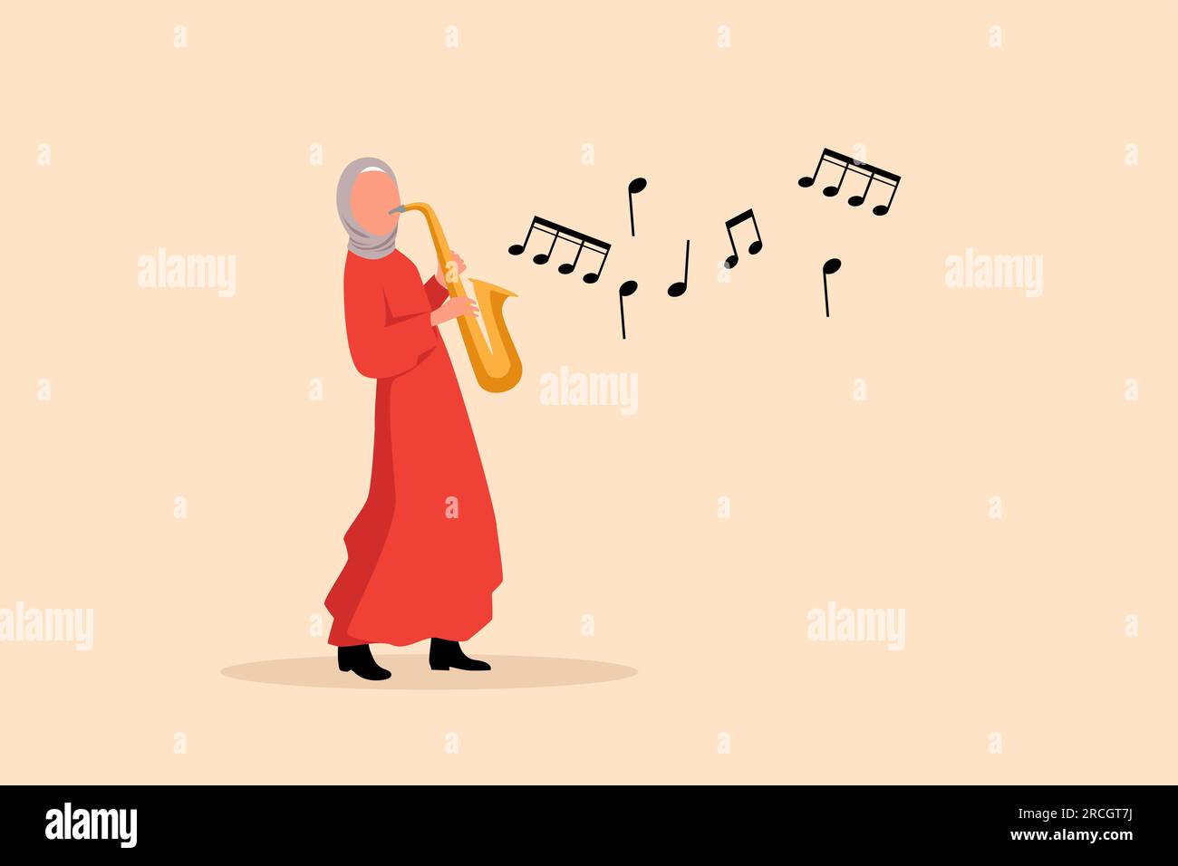 Personnage saxophoniste arabe à dessin plat d'affaires. Musicien de jazz ou de blues, femme joue du saxophone. Interprète féminine dans la musique jazz de festival, orchestre de jazz Banque D'Images