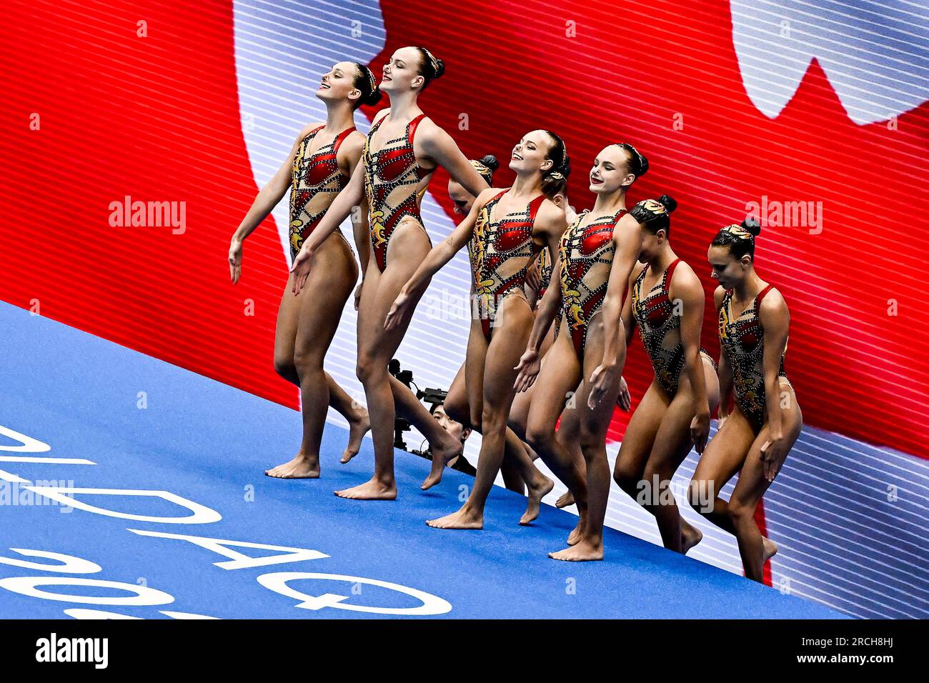 Fukuoka, Japon. 15 juillet 2023. Équipe Canada participe à la routine acrobatique lors des 20e Championnats du monde aquatiques à la Marine Messe Hall A à Fukuoka (Japon), le 15 juillet 2023. Crédit : Insidefoto di andrea staccioli/Alamy Live News Banque D'Images