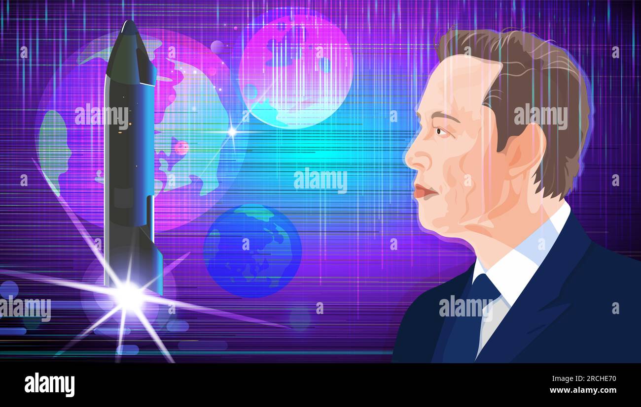 2023 Elon Musk avec une fusée, espace x, arrière-plan. Portrait du célèbre fondateur, PDG et entrepreneur Elon Musk sur fond spatial. Banque D'Images 2023 Elon Musk avec une fusée, espace x, arrière-plan. Portrait du célèbre fondateur, PDG et entrepreneur Elon Musk sur fond spatial. Banque D'Images