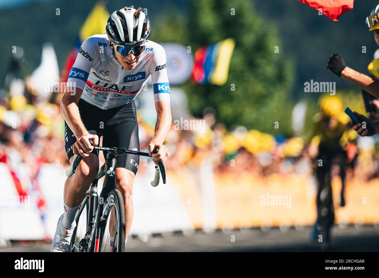 France. 14 juillet 2023. Photo Alex Whitehead/SWpix.com - 14/07/2023 - Cyclisme - Tour de France 2023 - étape 13 : Châtillon-sur-Chalaronne à Grand Colombier (137.8km) - Tadej Pogacar de l'équipe Emirates des Émirats des Émirats Credit : SWpix/Alamy Live News Banque D'Images