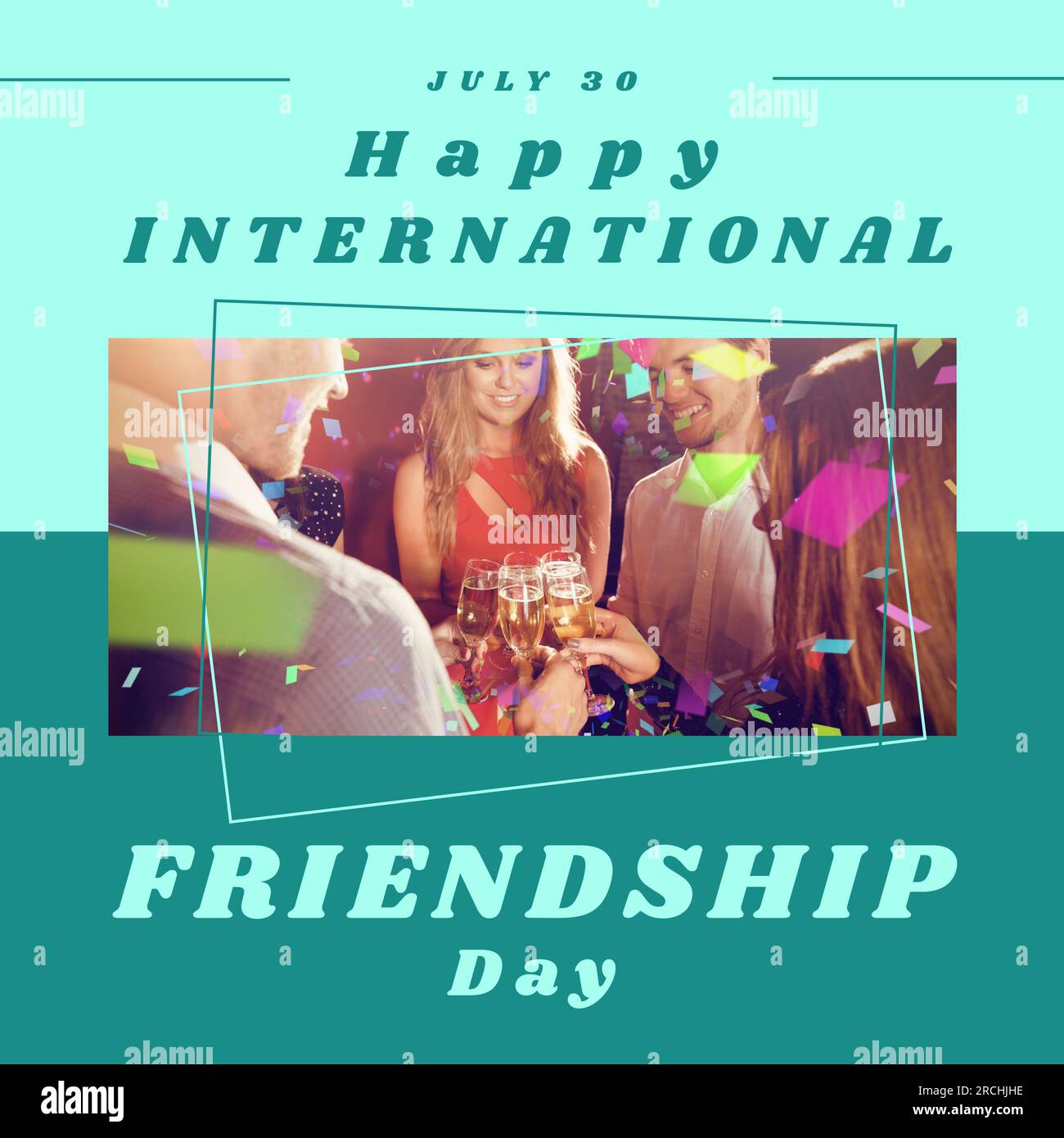 Joyeux texte de la journée internationale de l'amitié avec des amis caucasiens heureux faisant un toast à la fête Banque D'Images