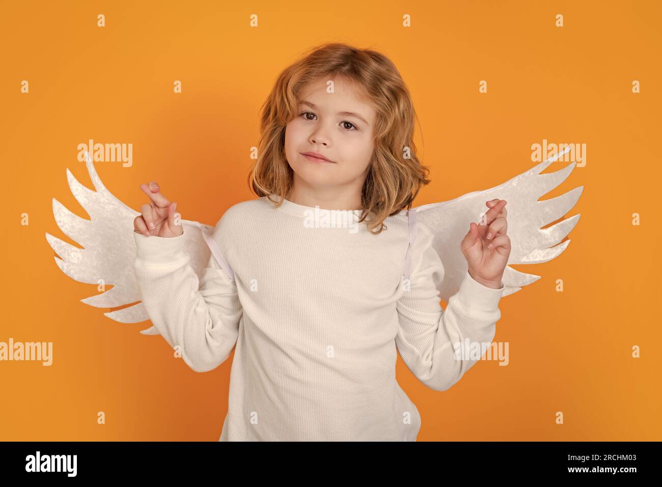 L'ange d'enfant a traversé les doigts avec de la chance et de l'espoir, Bonne chance. Saint-Valentin. Petit ange cupidon enfant avec ailes. Studio portrait d'un enfant angélique. Banque D'Images