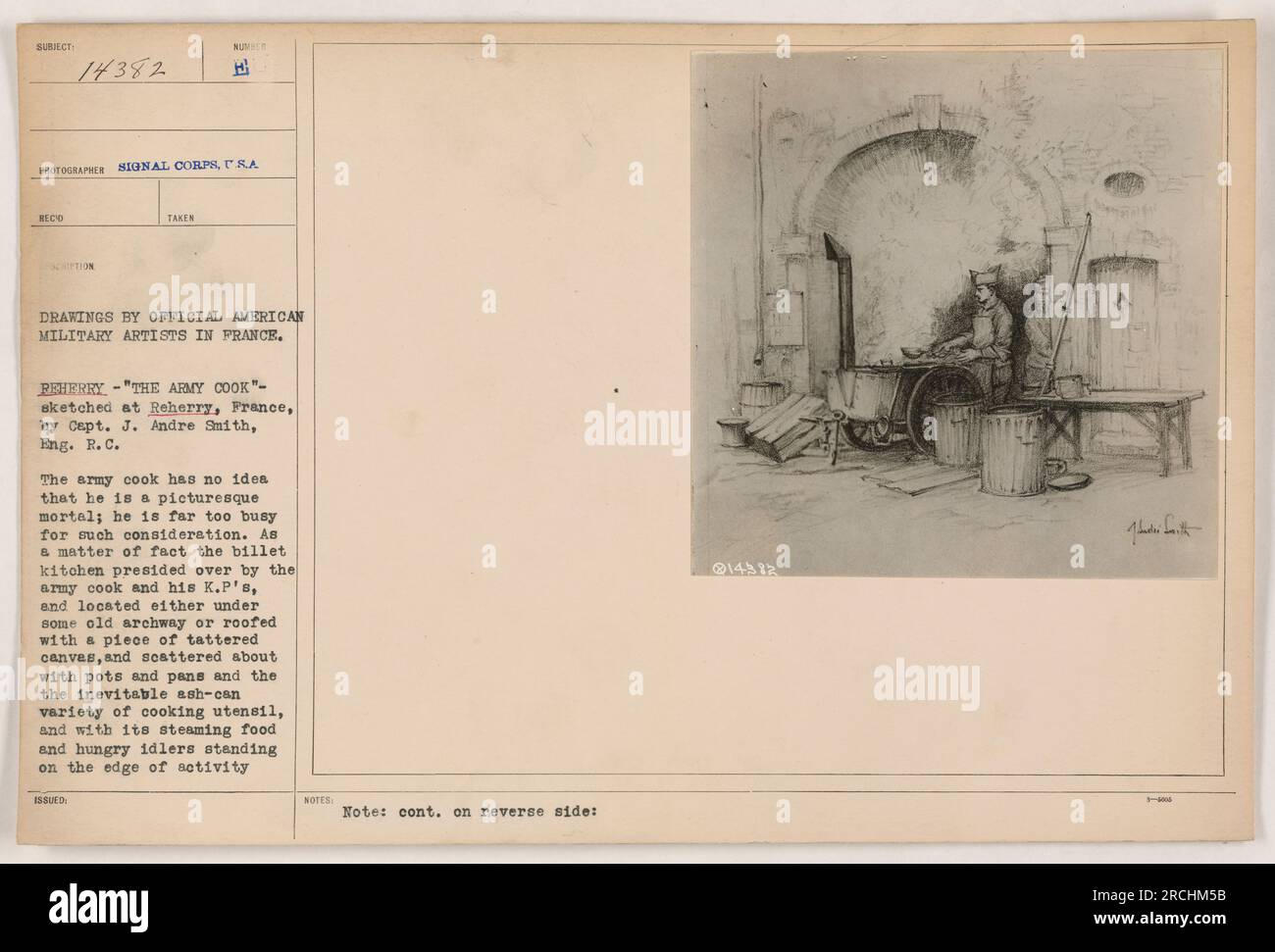 Œuvre originale du capitaine Jules Andres Smith, un américain commandé Artiste militaire pendant la guerre mondiale 1. L'œuvre, intitulée « The Army Cook », montre l'activité animée d'une cuisine en billette à Reherry, en France. Le cuisinier de l'armée et ses K.P's peuvent être vus travailler parmi des casseroles et des poêles, des ustensiles de cuisine, et de la nourriture vapeur. Cette œuvre d'art serait conservée au Musée national de l'armée des États-Unis à fort Belvoir, en Virginie. Pour plus d'informations, visitez http://thenmusa.org. Banque D'Images