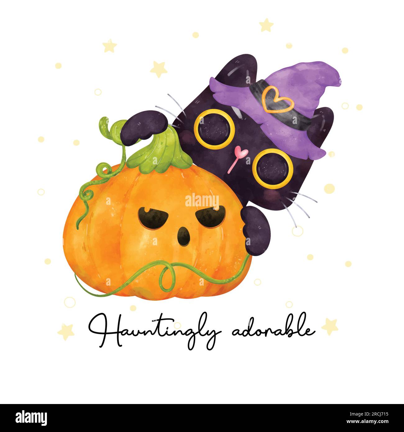Un chat noir mignon et curieux avec un chapeau de sorcière pairs derrière une citrouille, créant une scène fantaisiste d'Halloween. Cette illustration aquarelle capture le Illustration de Vecteur
