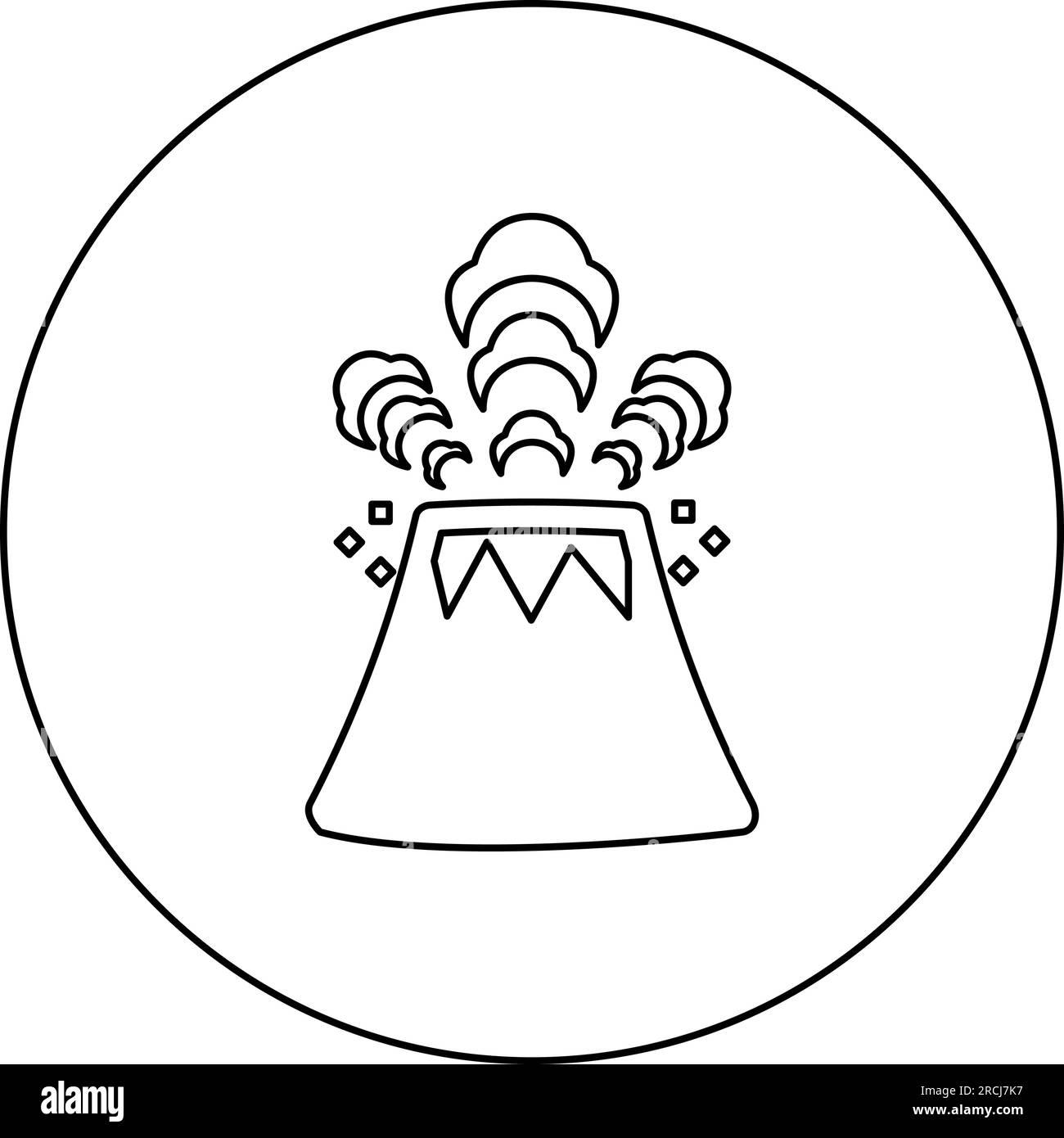 Volcan crachant lave et roches icône en cercle rond couleur noire illustration vectorielle image contour ligne de contour fin style simple Illustration de Vecteur