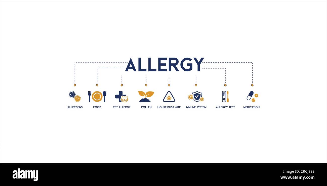 Bannière de concept d'illustration vectorielle d'allergie avec mots-clés anglais et icône et symbole d'allergènes, nourriture, allergie d'animal de compagnie, pollen, acarien de poussière de maison Illustration de Vecteur