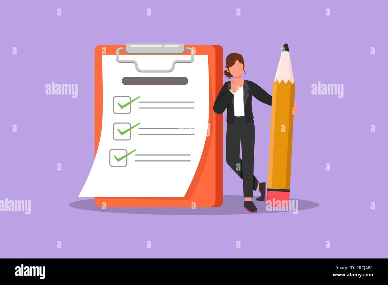 Graphisme plat dessin femme d'affaires tenant grand crayon et se penchant à la liste de contrôle complétée sur le presse-papiers. Planification efficace, gestion du temps. Bus Banque D'Images