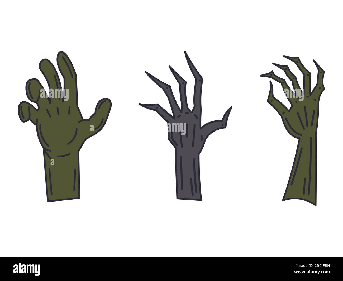 Un ensemble de mains zombies isolé sur un fond blanc. Collection de la main pourrie. Illustration de Vecteur