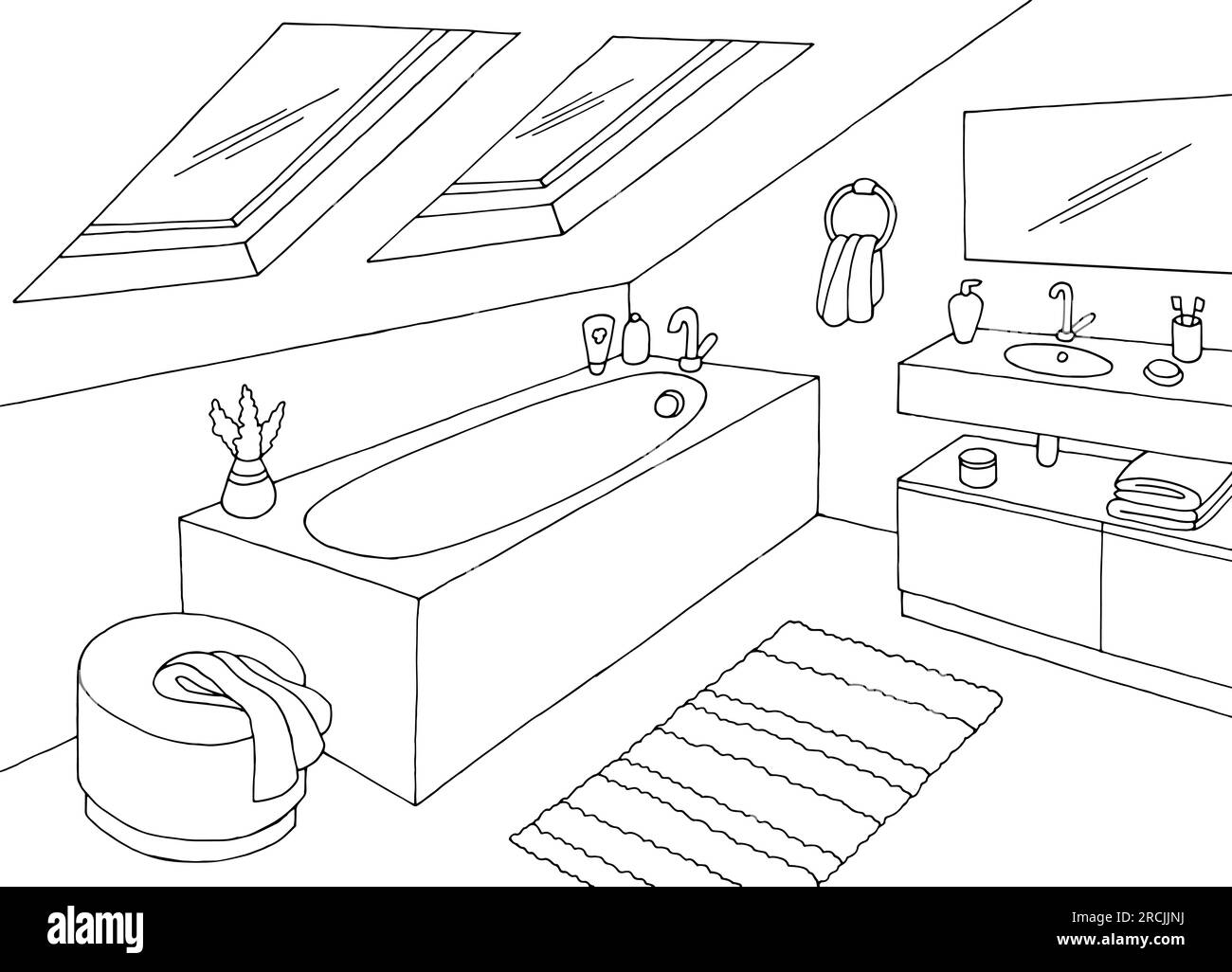 Grenier salle de bains graphique maison intérieure noir blanc esquisse vecteur d'illustration Illustration de Vecteur