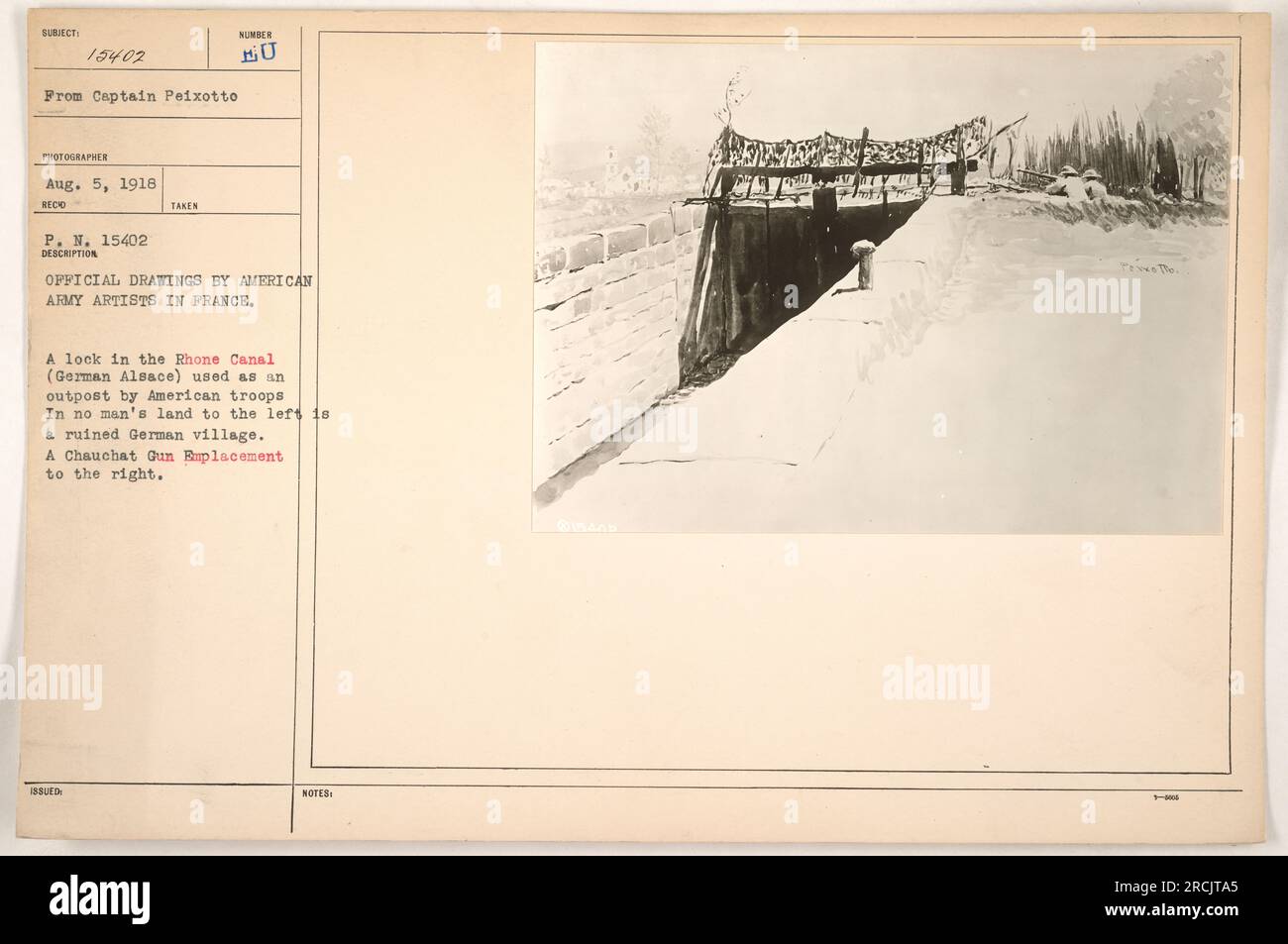 Les troupes américaines utilisent une écluse dans le canal du Rhône comme avant-poste en Alsace allemande pendant la première Guerre mondiale. À gauche se trouve un village allemand en ruine, et à droite se trouve un emplacement Chauchat Gun. Cette photo a été prise par un artiste de l'armée américaine en France. Banque D'Images