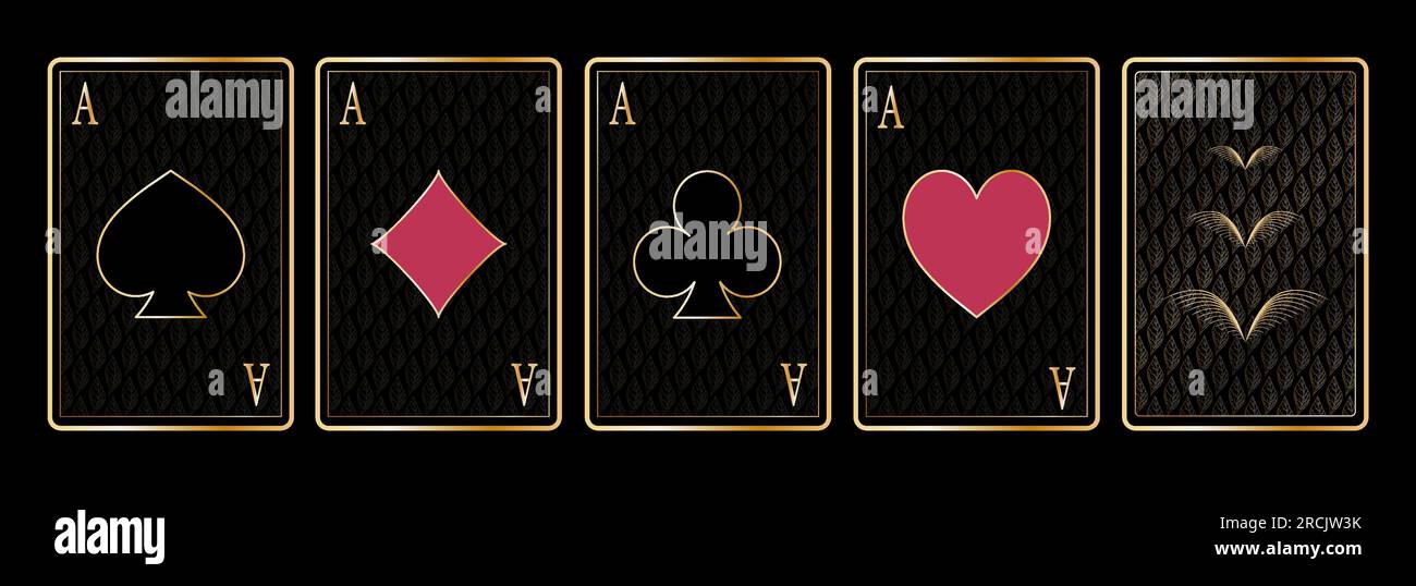 Ensemble de quatre as de costumes de cartes à jouer et design de dos couleur dégradé doré sur fond noir style Art déco illustration vectorielle isolée Illustration de Vecteur