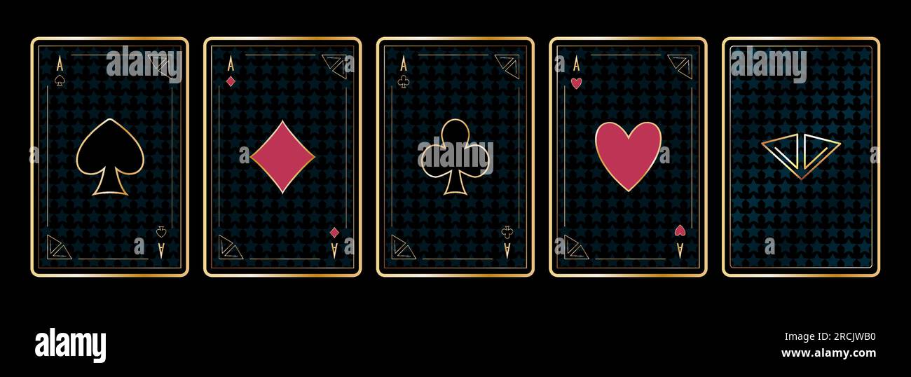 Ensemble de quatre as de costumes de cartes à jouer et design de dos couleur dégradé doré sur fond noir style Art déco illustration vectorielle isolée Illustration de Vecteur