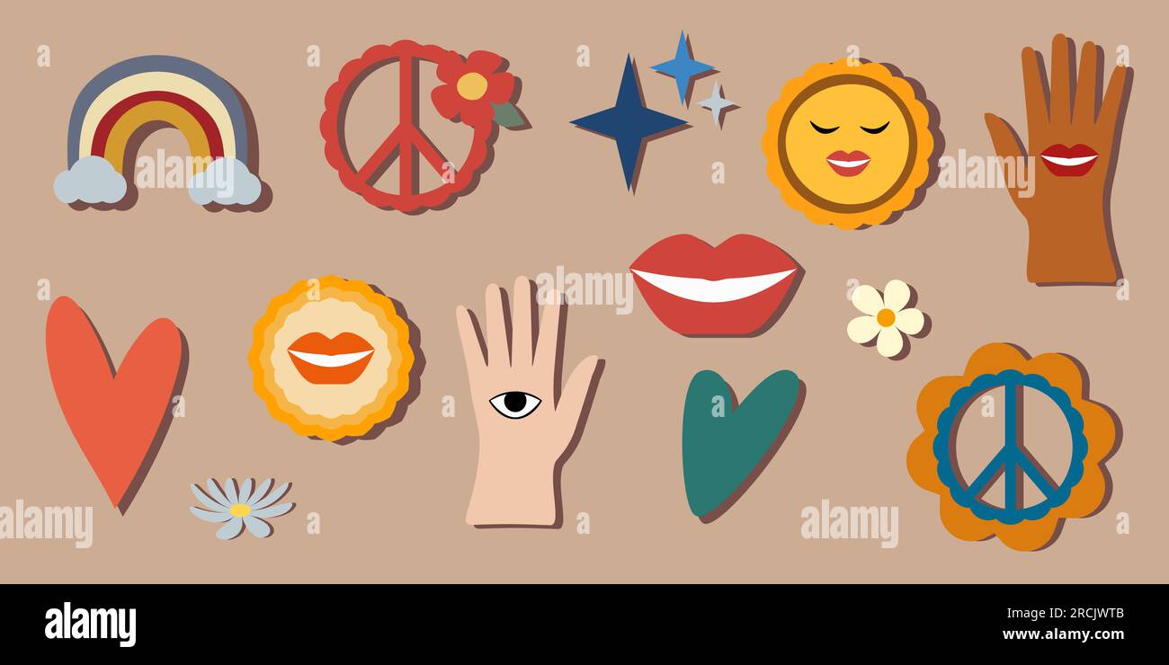 Collection de stickers groovy hippie des années 70. Mains vers le haut avec le cœur et les yeux drôles fleurs de dessin animé, arc-en-ciel, paix, coeurs, Marguerite tendance rétro psychédélique carto Illustration de Vecteur