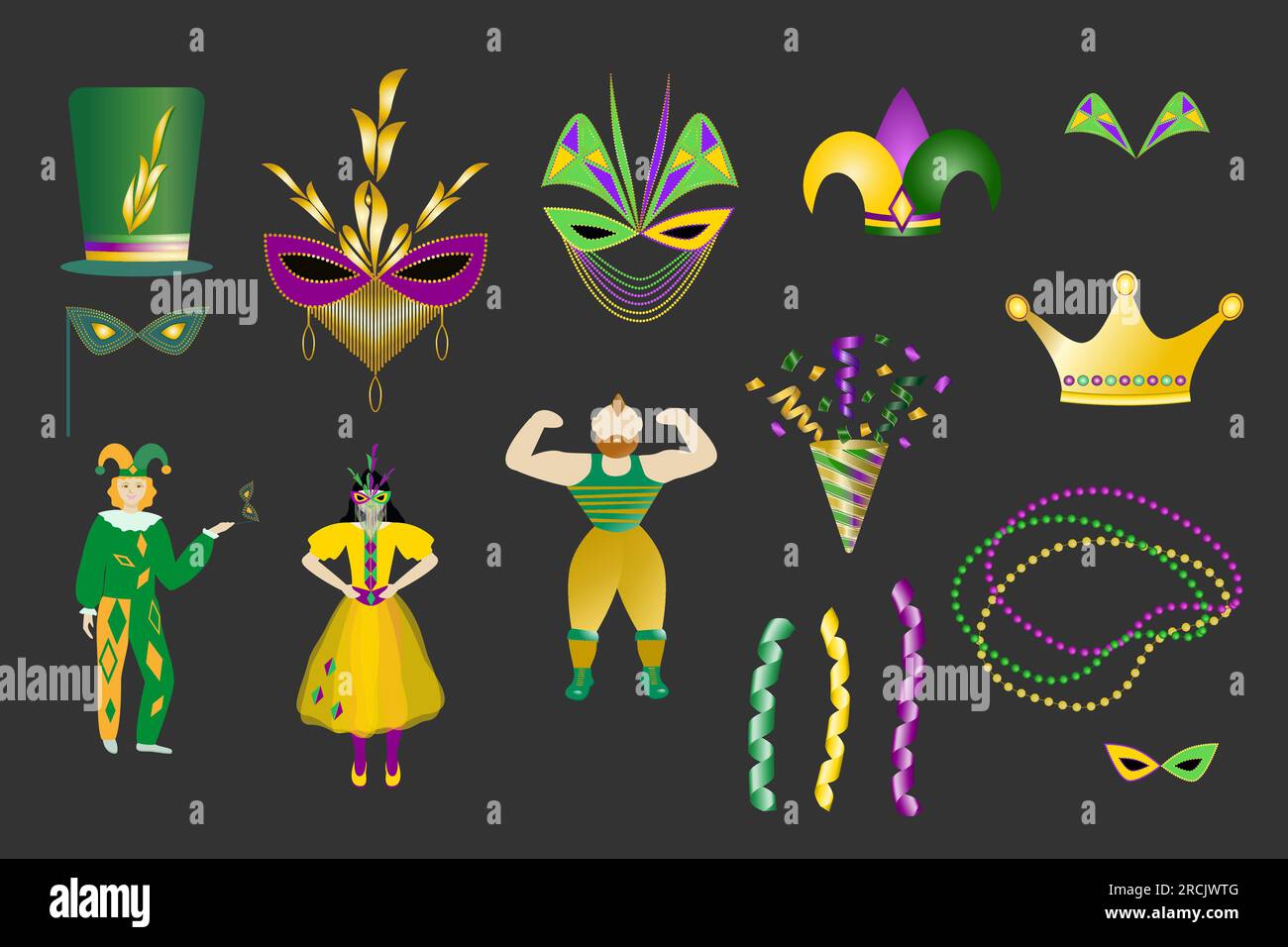 Ensemble d'éléments de design de carnaval Mardi gras Collection Mardi gras masque avec plumes, perles, arlequin, Columbine. Serpentines et feux d'artifice isolé ve Illustration de Vecteur