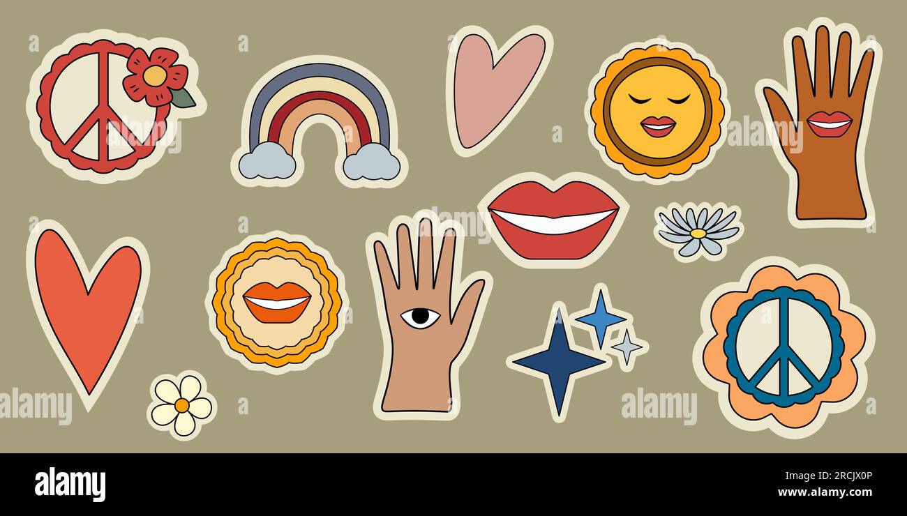 Collection de stickers groovy hippie des années 70. Mains vers le haut avec les yeux et les lèvres drôles fleurs de dessin animé, arc-en-ciel, paix, coeurs, Marguerite trendy rétro psychédélique cartoo Illustration de Vecteur