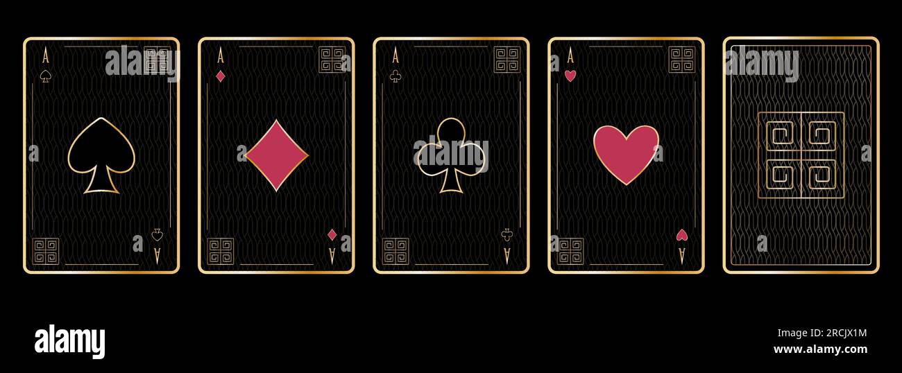 Ensemble de quatre as de costumes de cartes à jouer et design de dos couleur dégradé doré sur fond noir style Art déco illustration vectorielle isolée Illustration de Vecteur