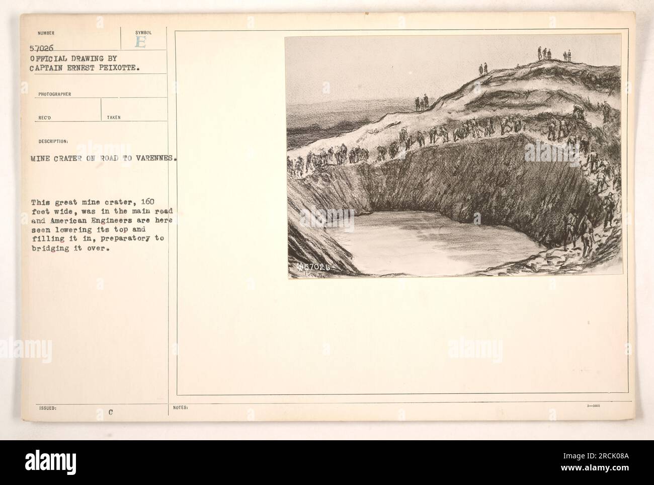 Les ingénieurs américains descendent et remplissent un cratère de mine de 160 pieds de large sur la route de Varennes pendant la première Guerre mondiale. Ils se préparent à le faire. Dessin officiel du capitaine Ernest Peixotte. Photo prise et émise par le photographe RECO.' Banque D'Images