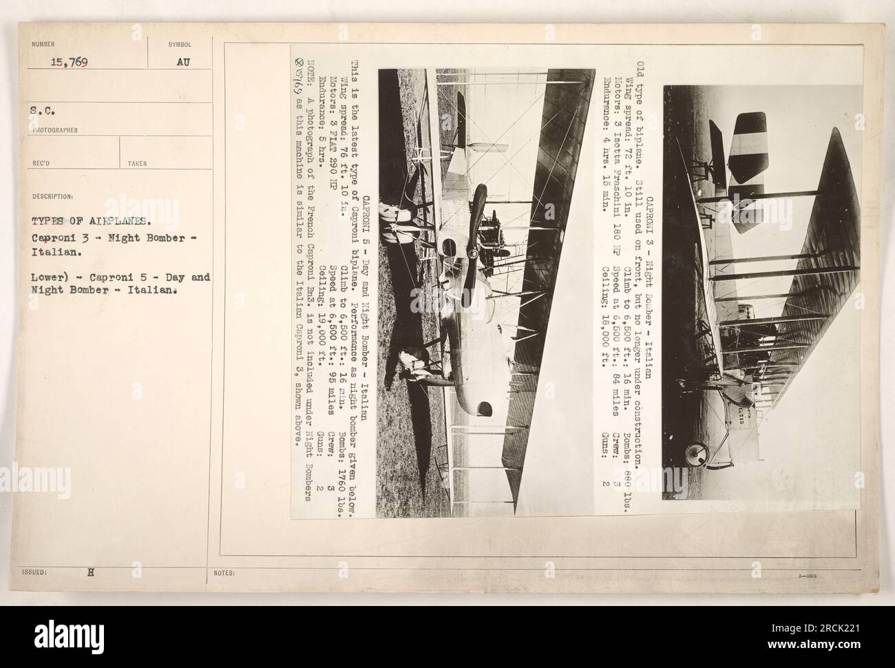 Cette photographie montre deux types de bombardiers italiens utilisés pendant la première Guerre mondiale. L'avion supérieur est un bombardier de nuit Caproni 3, avec une extension d'aile de 72 pieds. 10 po Propulsé par trois moteurs Isotta Fraschini 180 IP, il pouvait voler pendant 4 heures et 15 minutes et transporter 1 760 livres de bombes. L'avion inférieur est un bombardier Caproni 5 diurne et nocturne, avec une extension d'aile de 76 pieds. 10 po Il avait deux moteurs Fiat de 290 ch, une vitesse de pointe de 84 miles par heure, et une capacité de bombe de 880 livres La taille de l'équipage pour les deux modèles était de trois. Banque D'Images