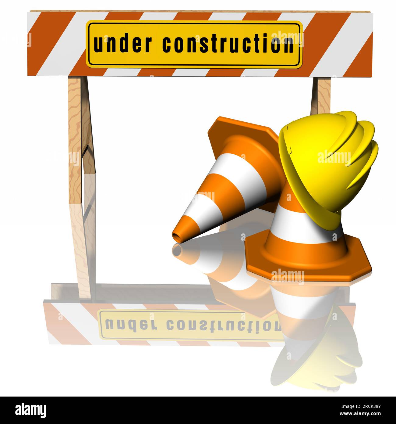 Icône. Symbole. En construction. Barrière, signalisation routière travaux en cours, en construction. A côté de lui se trouvent des cônes et un casque pour symboliser WO Banque D'Images