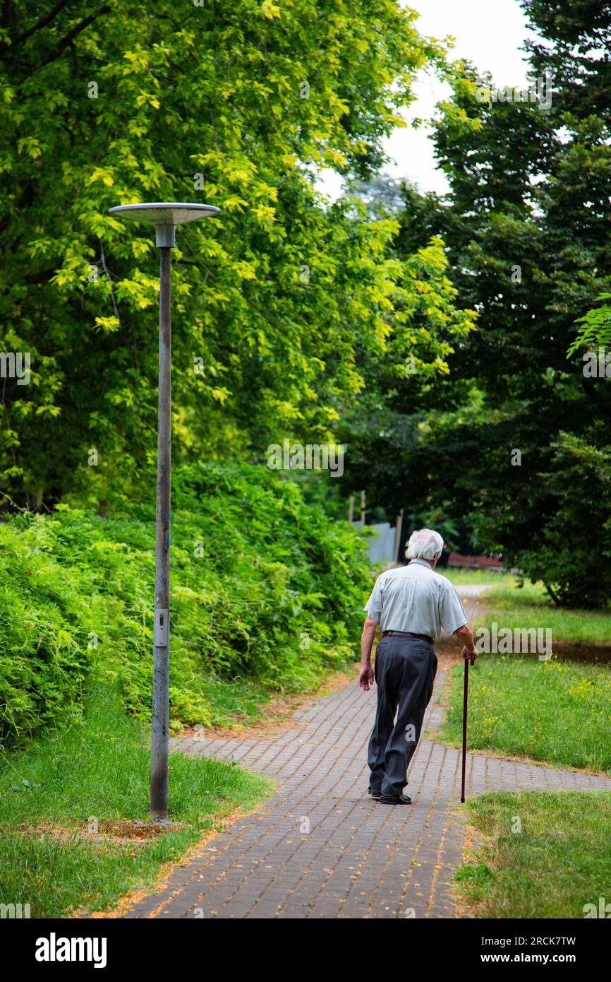 Un vieil homme se repose assis sur le banc dans le parc Banque D'Images