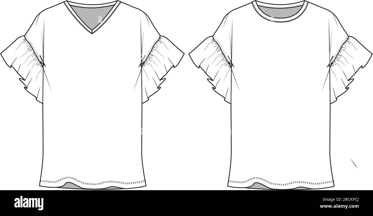 Décontracté manches à volants t-shirt haut vêtements à plat croquis vecteur Illustration de Vecteur