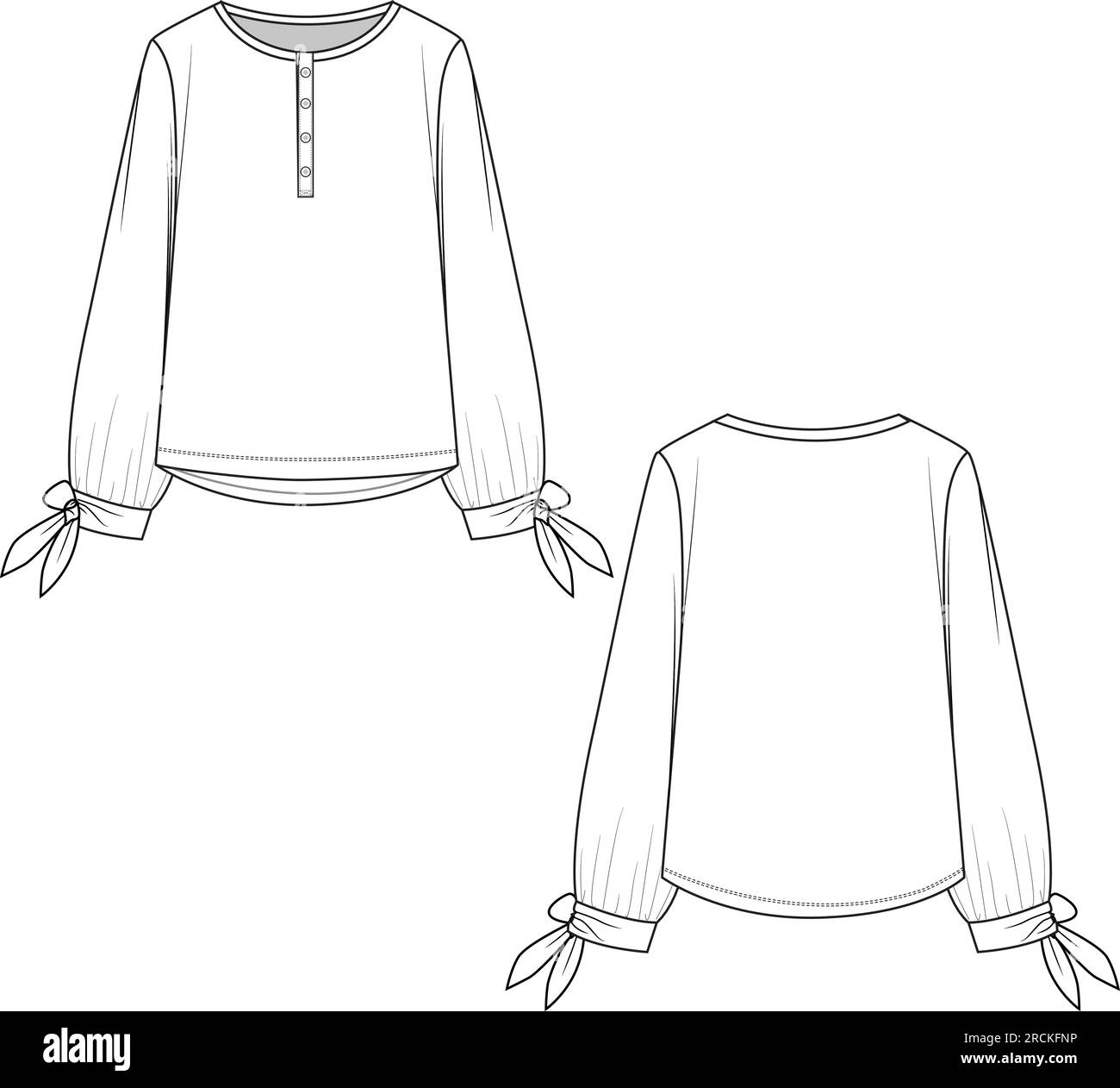 Mode col boutonné bouffant manches manchette nouées technique modèle de conception vectorielle de dessin plat Illustration de Vecteur