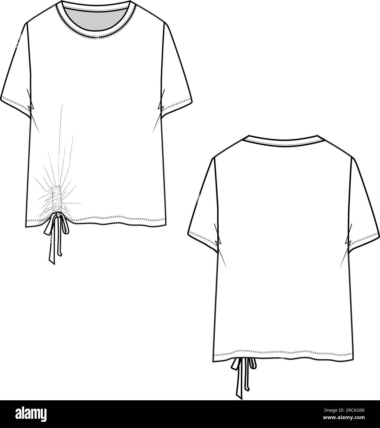 Mode col rond avant ourlet latéral noué haut dessin technique croquis plats vecteur de conception Illustration de Vecteur