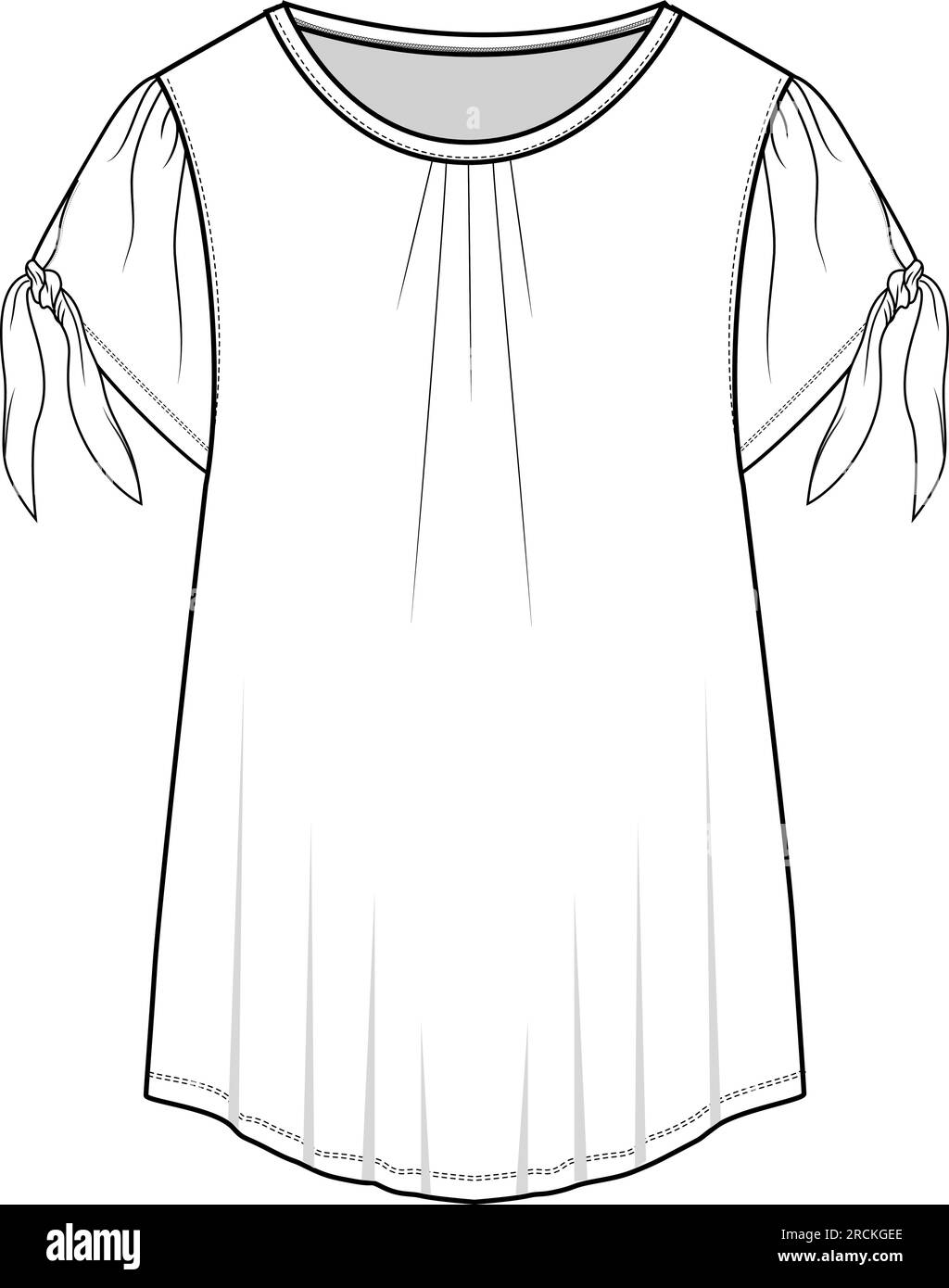 Fashion col rond plissé avec haut noeud de manche technique modèle de dessin plat Illustration de Vecteur