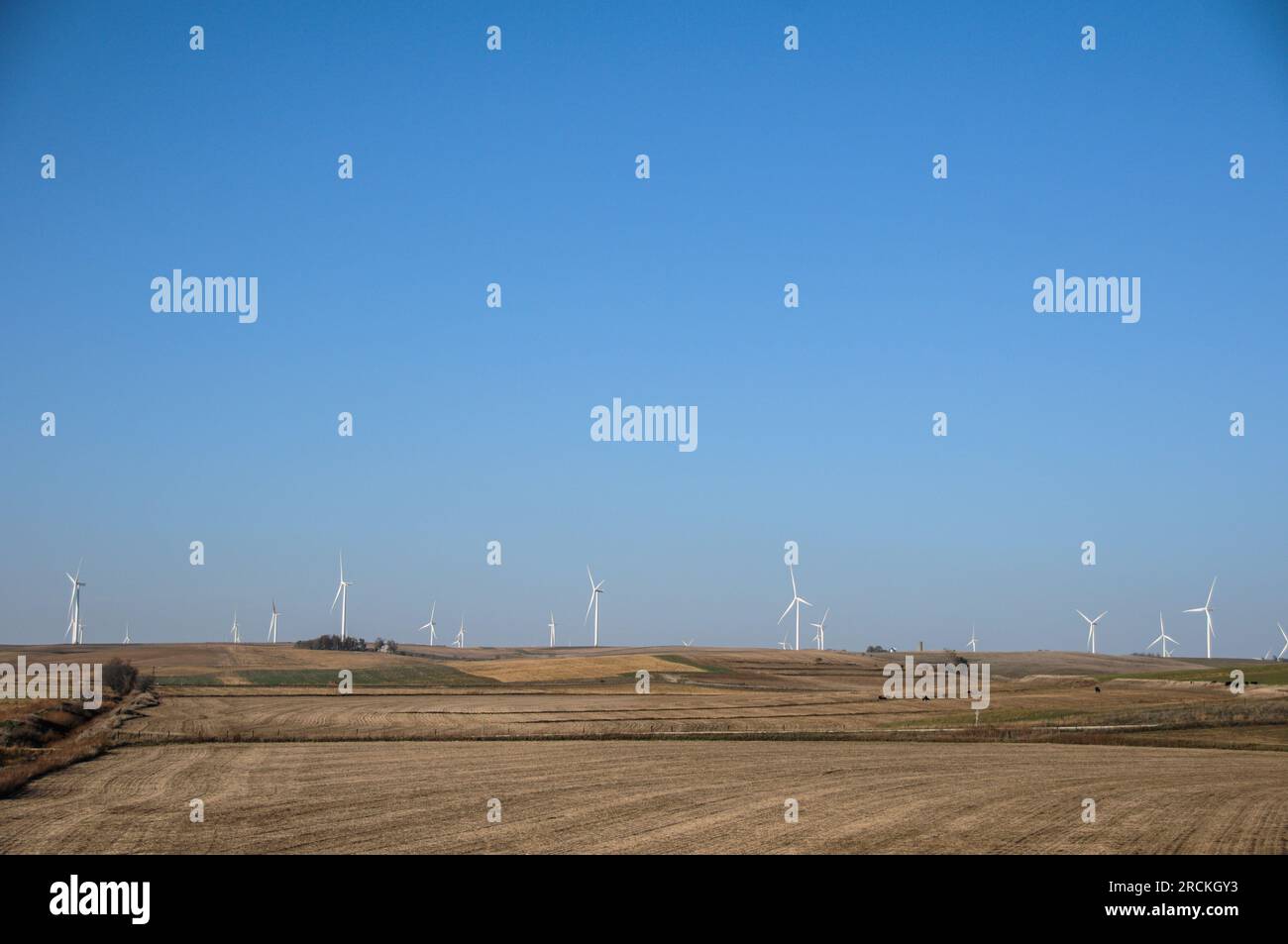 Parc éolien pour la production d'énergie éolienne électrique renouvelable dans les terres agricoles des Prairies américaines, Colorado, États-Unis Banque D'Images