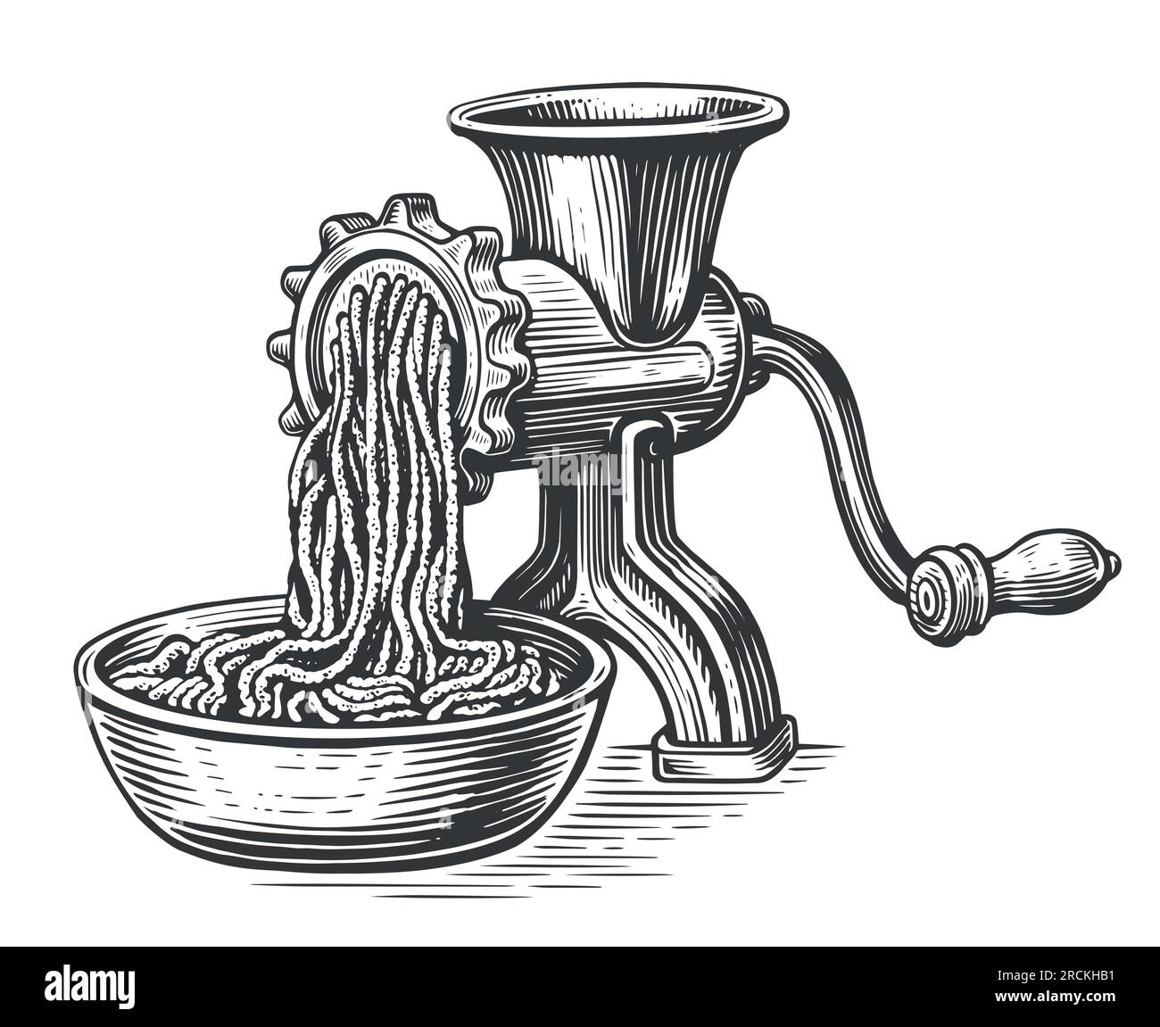 Forcemeat et hachoir à viande. Concept alimentaire. Esquissez une illustration vectorielle vintage Illustration de Vecteur