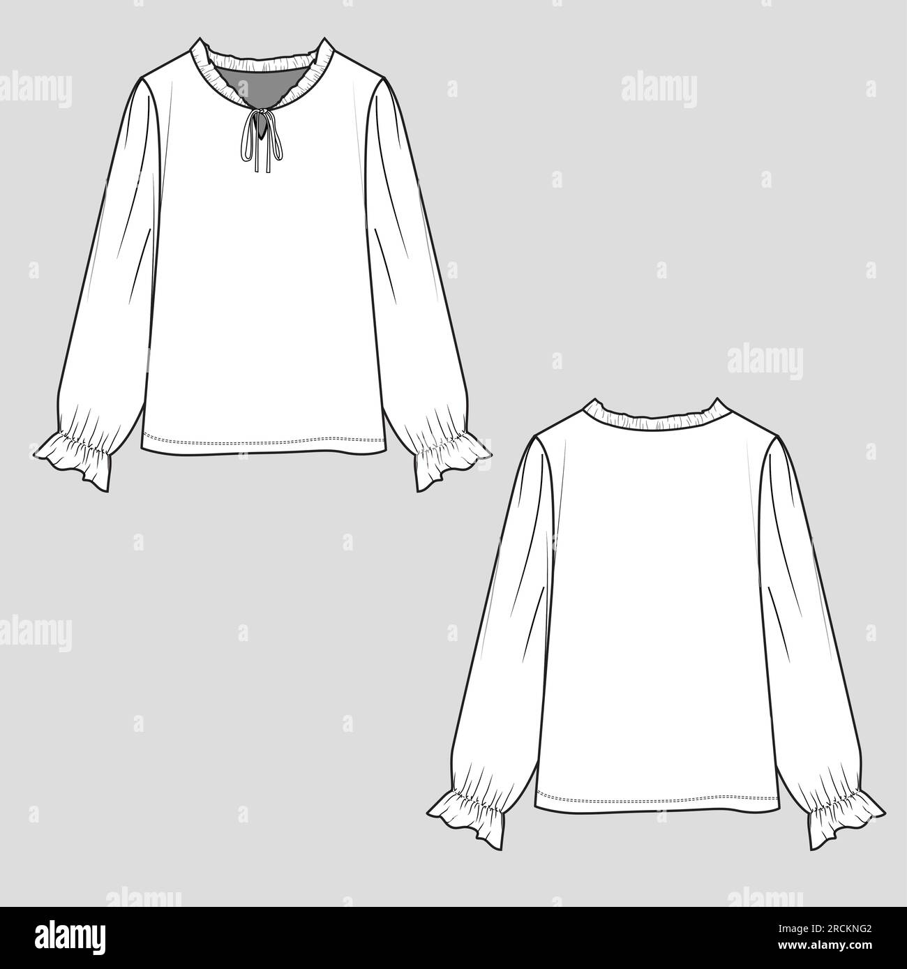 Volants mode noeud noeud col cravate manches longues ourlet fronçant t shirt chemisier haut dessin technique modèle de conception vectorielle à dessin plat Illustration de Vecteur