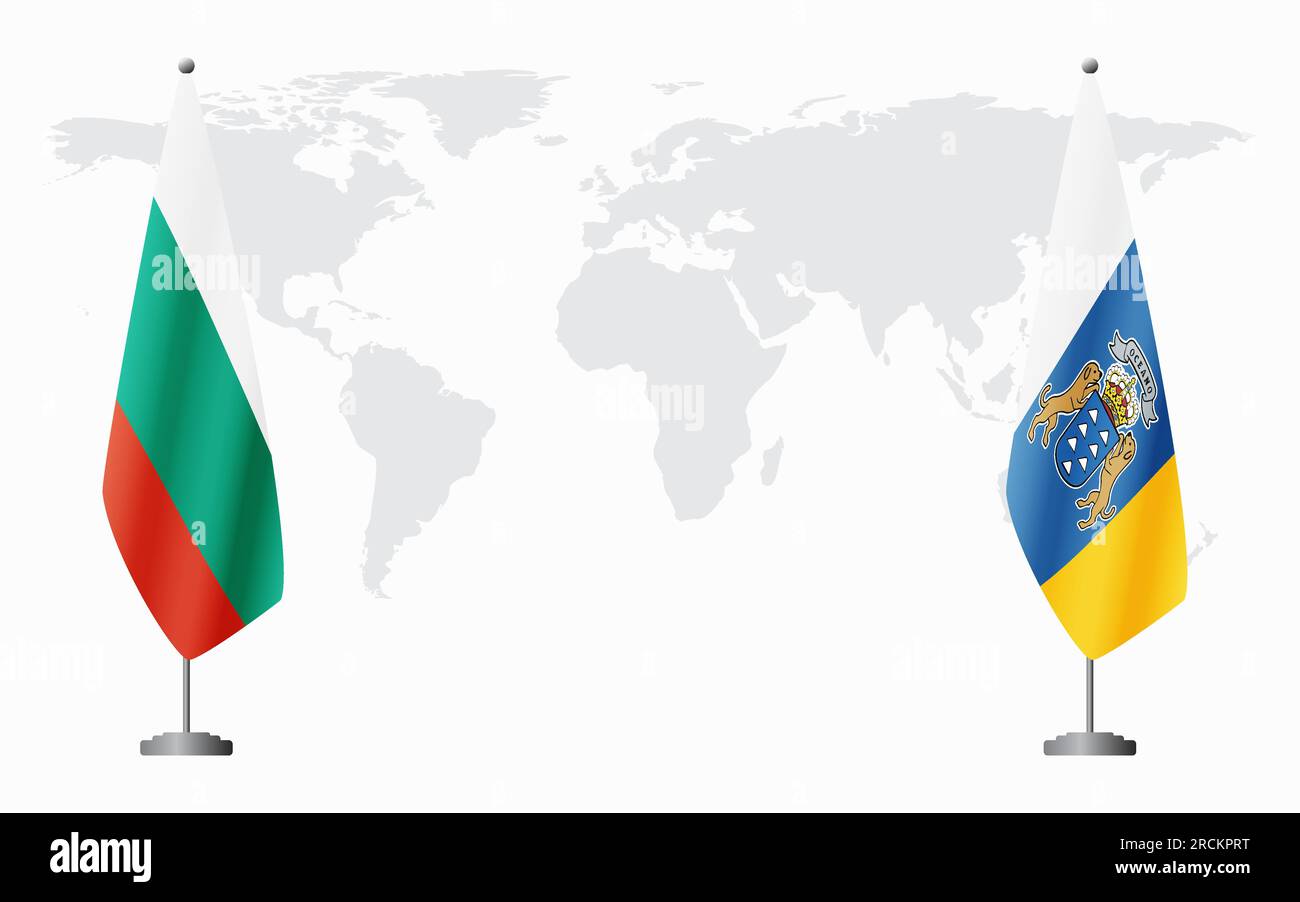 Drapeaux de la Bulgarie et des îles Canaries pour la réunion officielle sur fond de carte du monde. Illustration de Vecteur