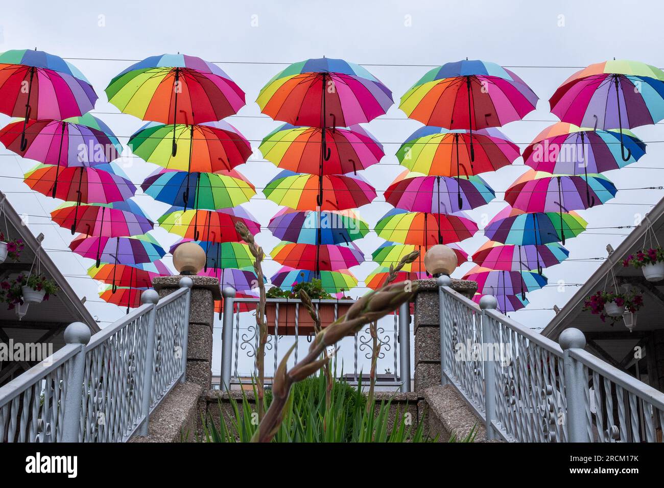 Beaucoup de parapluies de couleur arc-en-ciel contre le ciel Banque D'Images