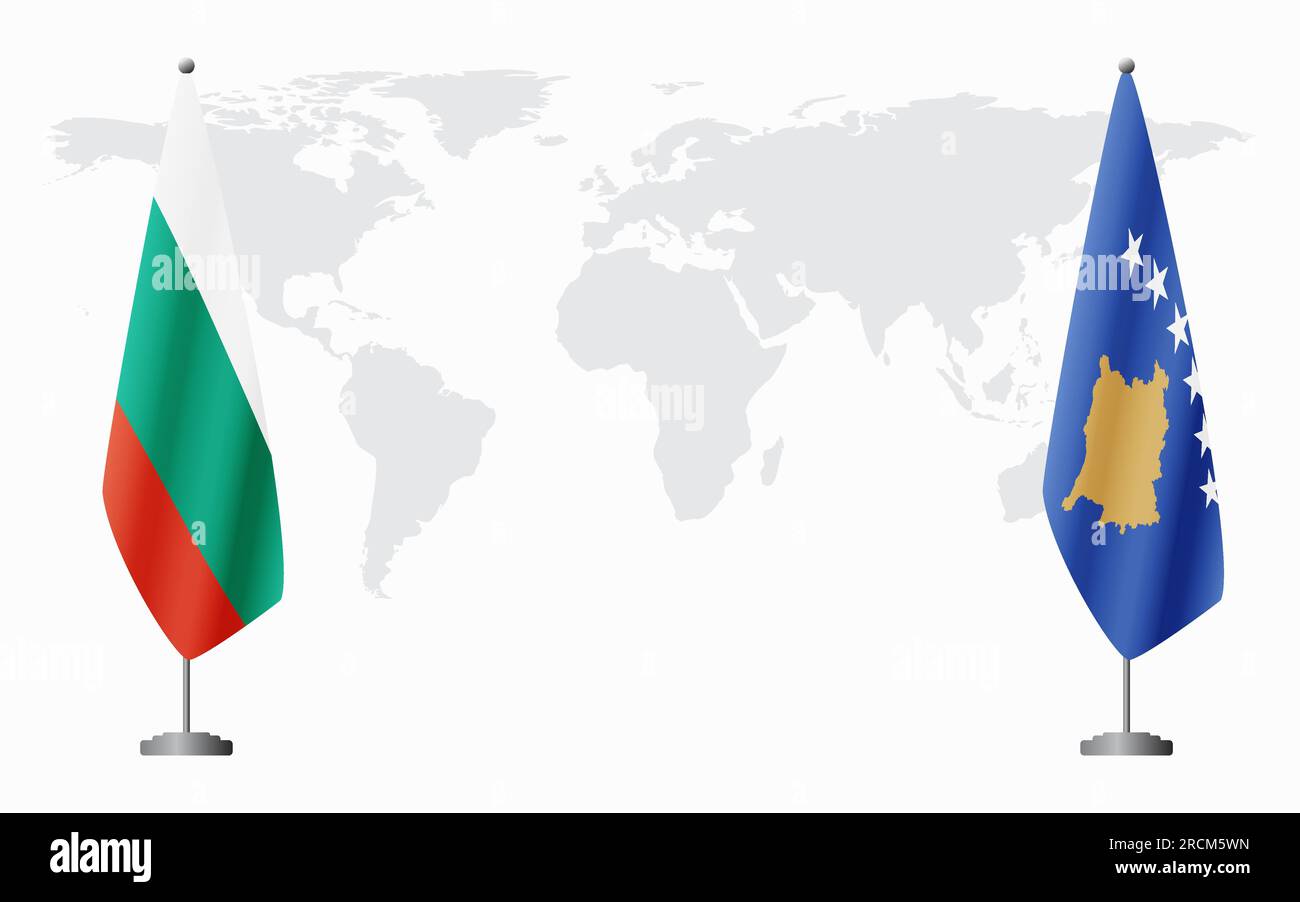 Drapeaux de la Bulgarie et du Kosovo pour la réunion officielle sur fond de carte du monde. Illustration de Vecteur