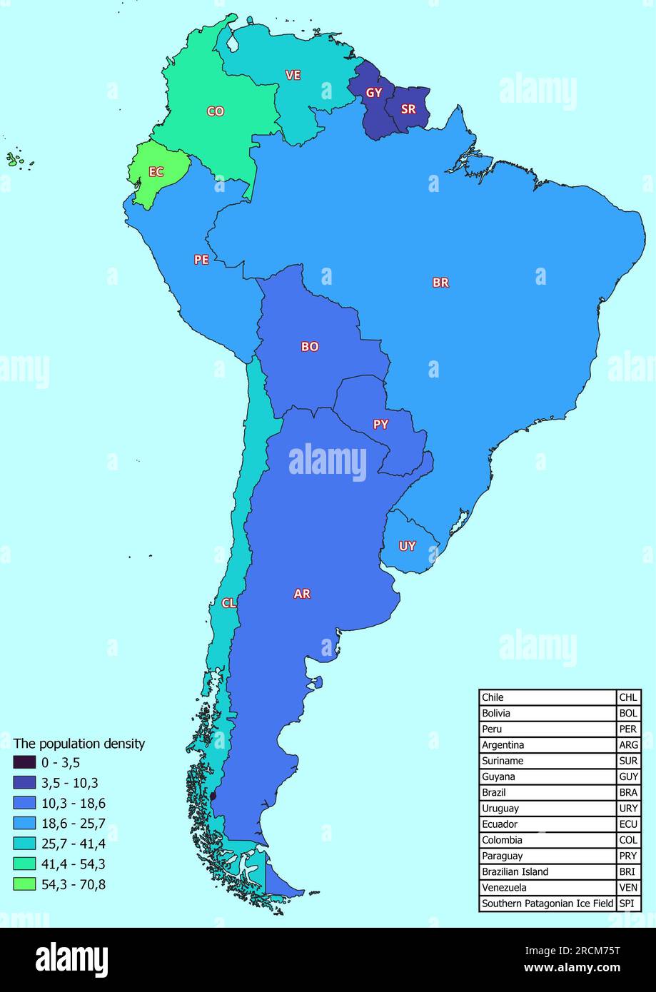 Carte de l'Amérique du Sud avec les pays classés par densité de population Banque D'Images