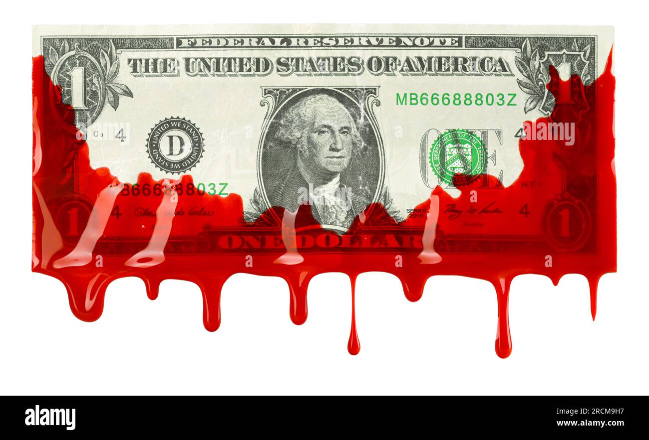 Billet de dollar américain couvert et coulant de sang rouge. Montrer de la cupidité d'entreprise, de la corruption ou un crime. Banque D'Images