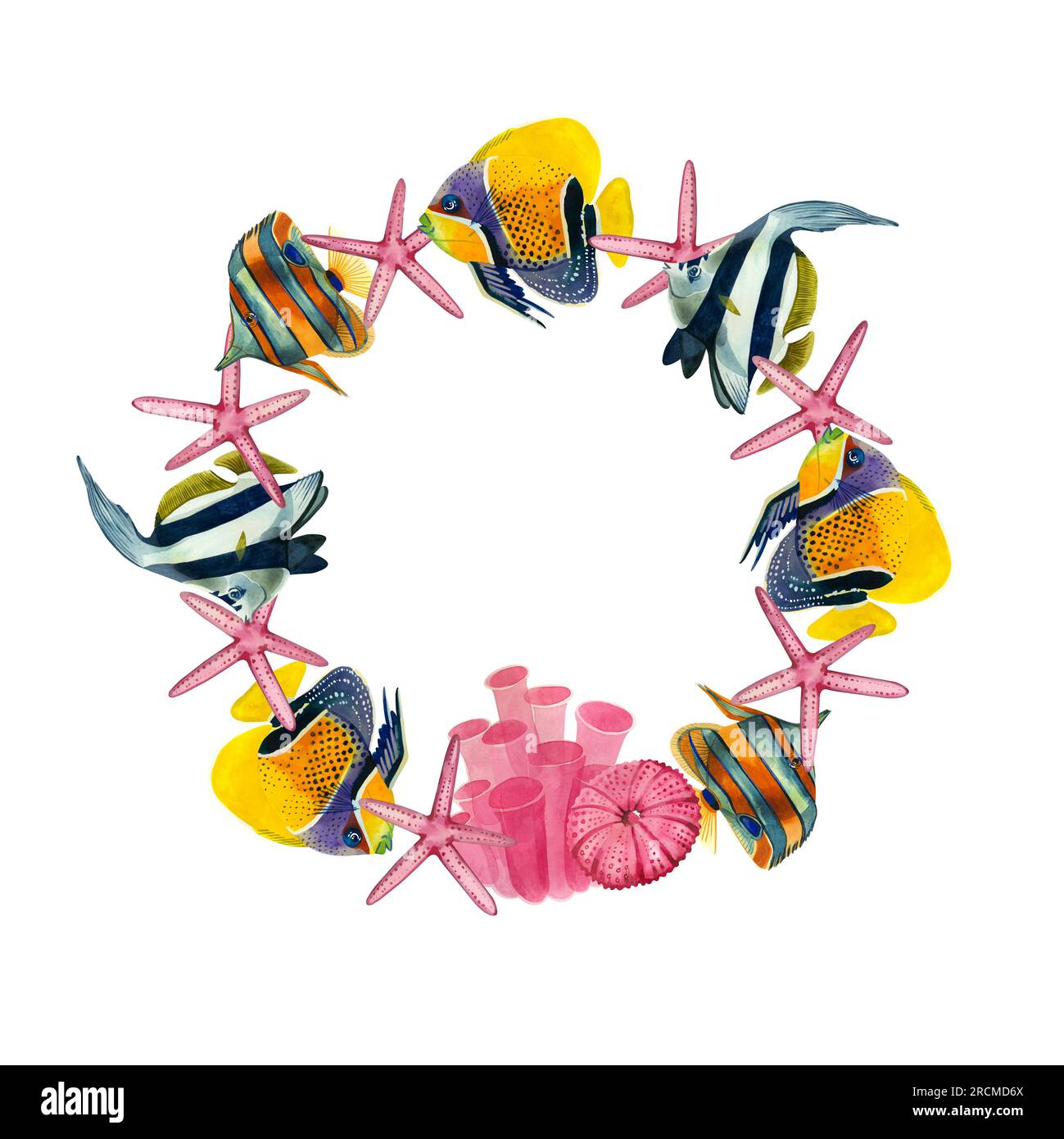 Cadre rond de poissons tropicaux et étoiles, corail et oursin rose sur fond blanc. Tous les éléments sont dessinés à la main à l'aquarelle Banque D'Images